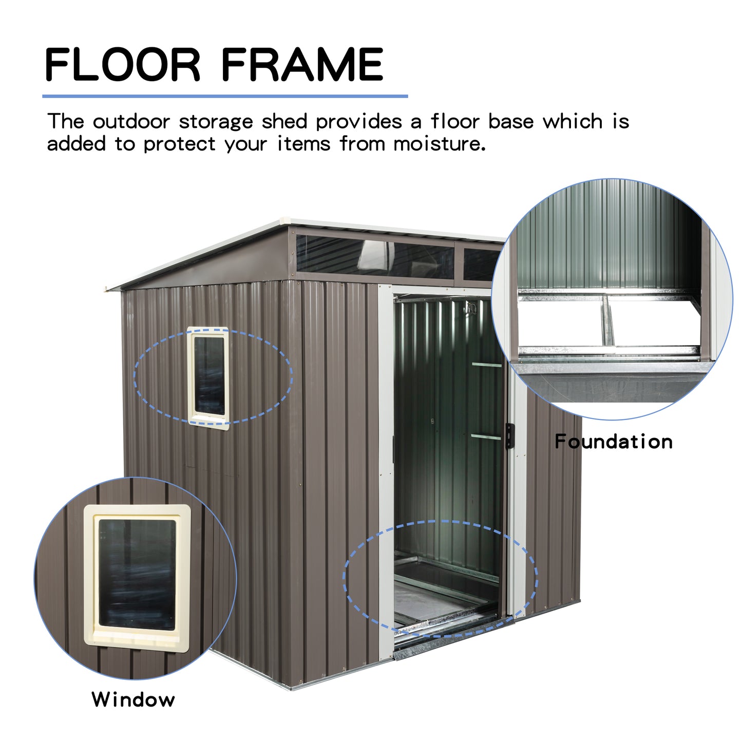 Brown metal outdoor storage shed with a sliding door and a window providing ample space