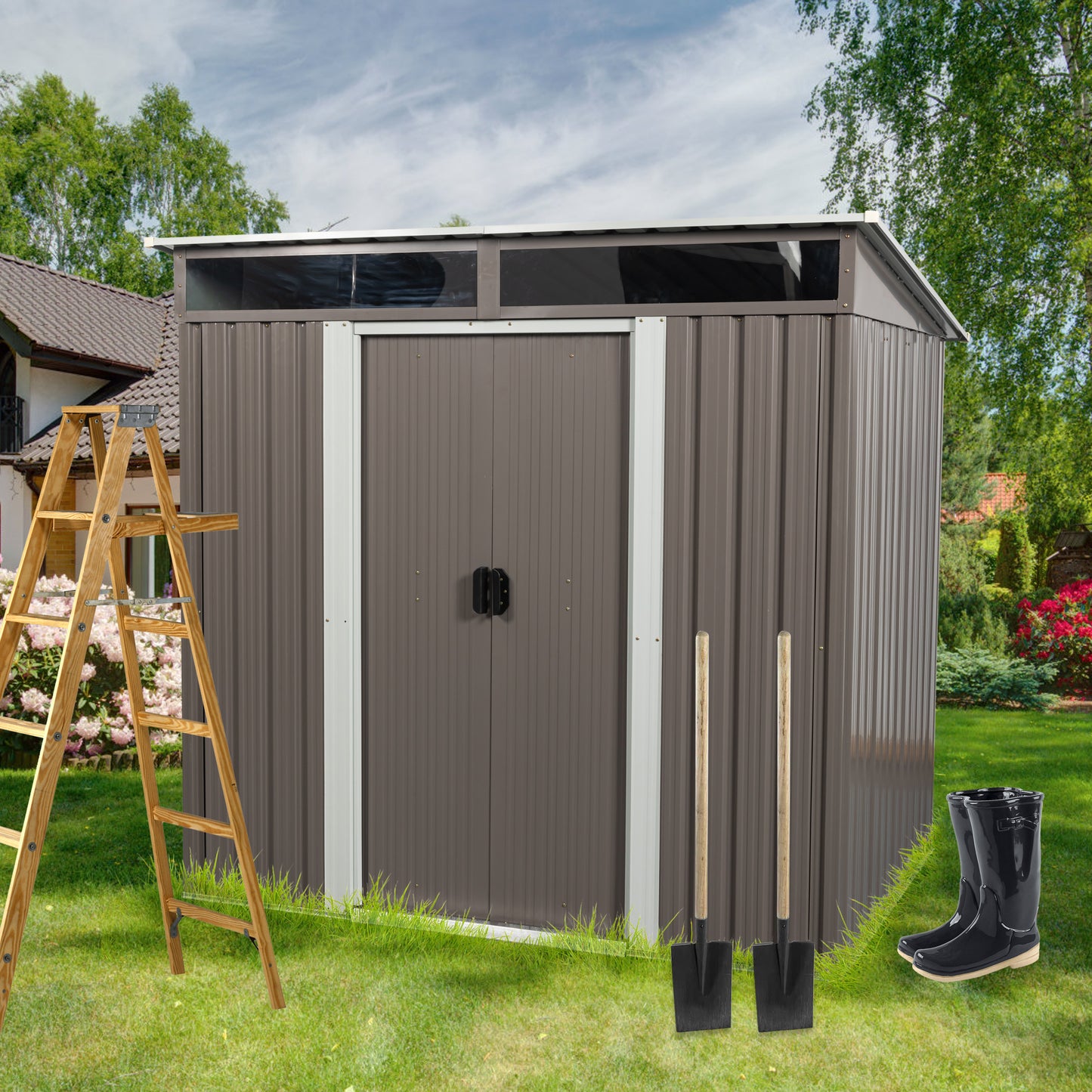 Brown metal garden shed with double doors windows ladder and tools