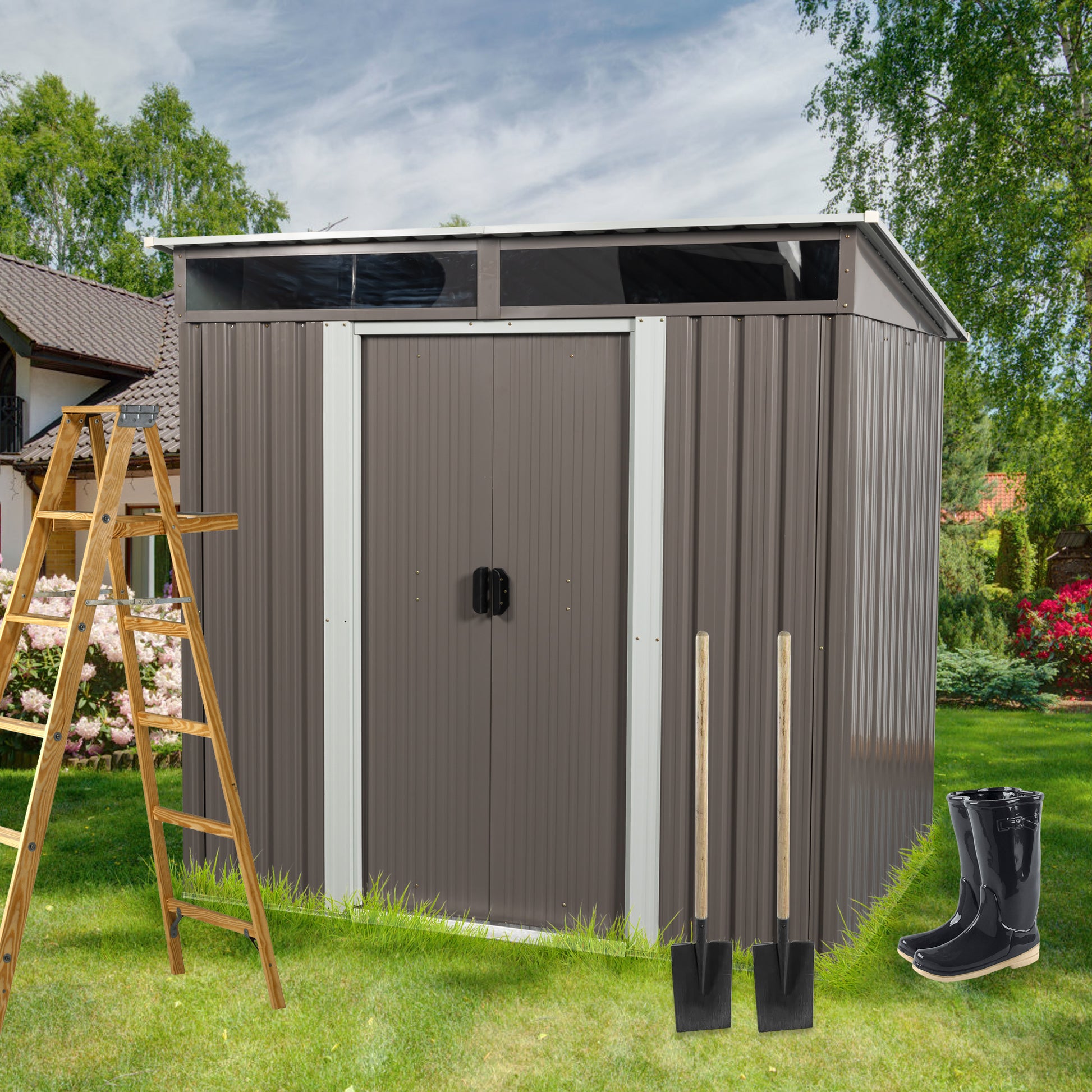 Brown metal garden shed with double doors windows ladder and tools