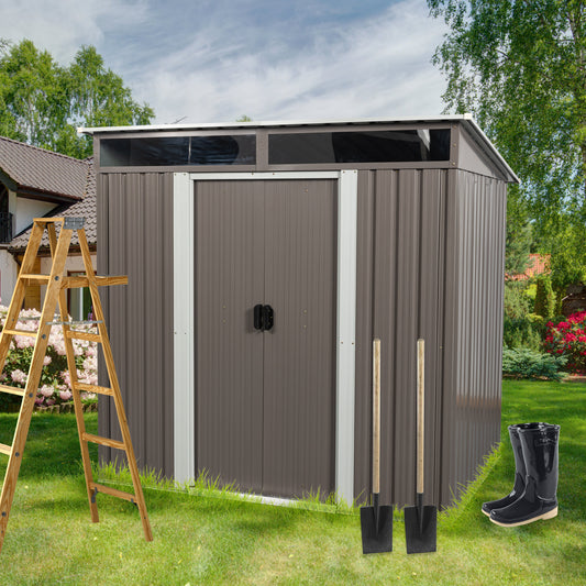 Brown metal garden shed with double doors windows ladder and tools