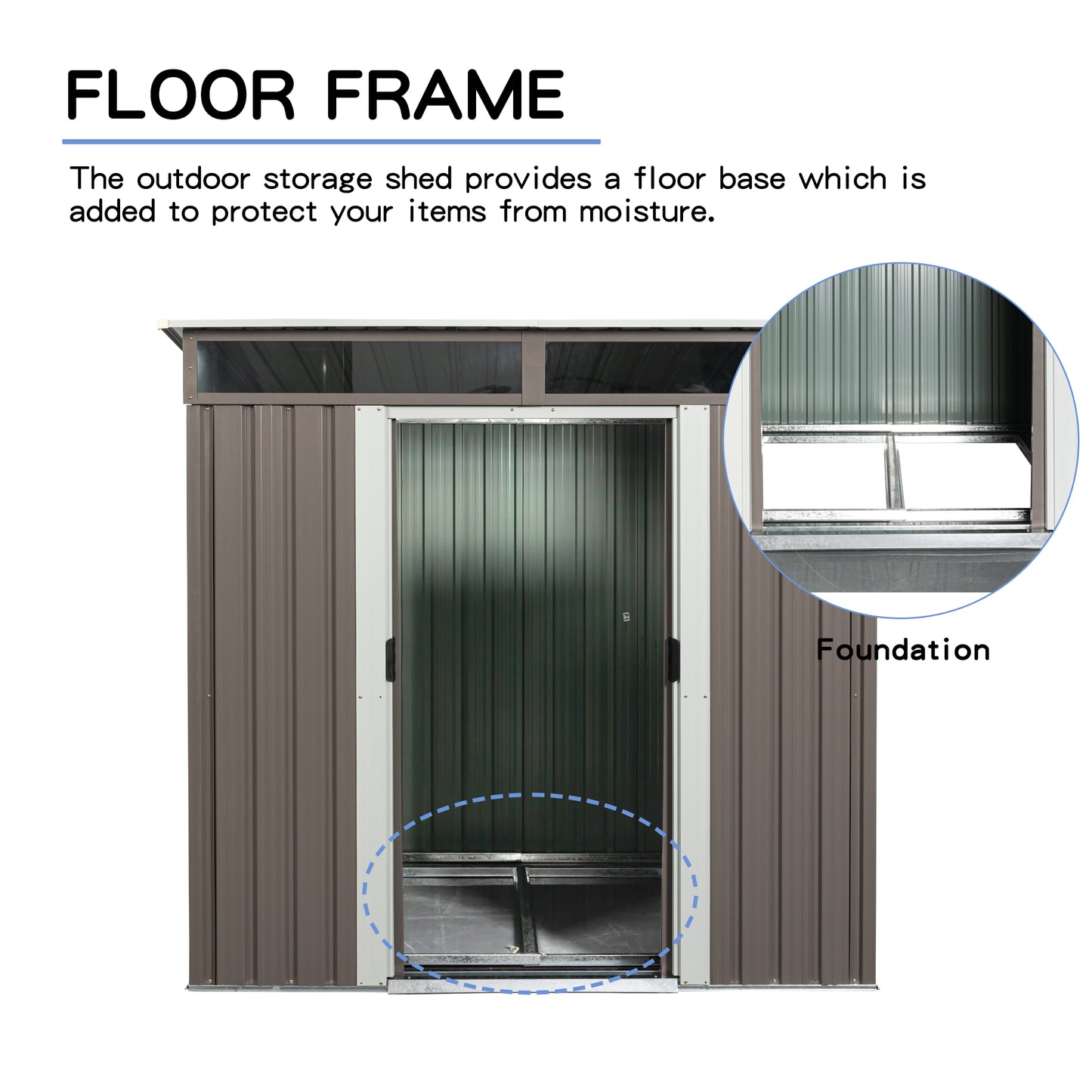 Brown metal storage shed floor frame with galvanized steel supports