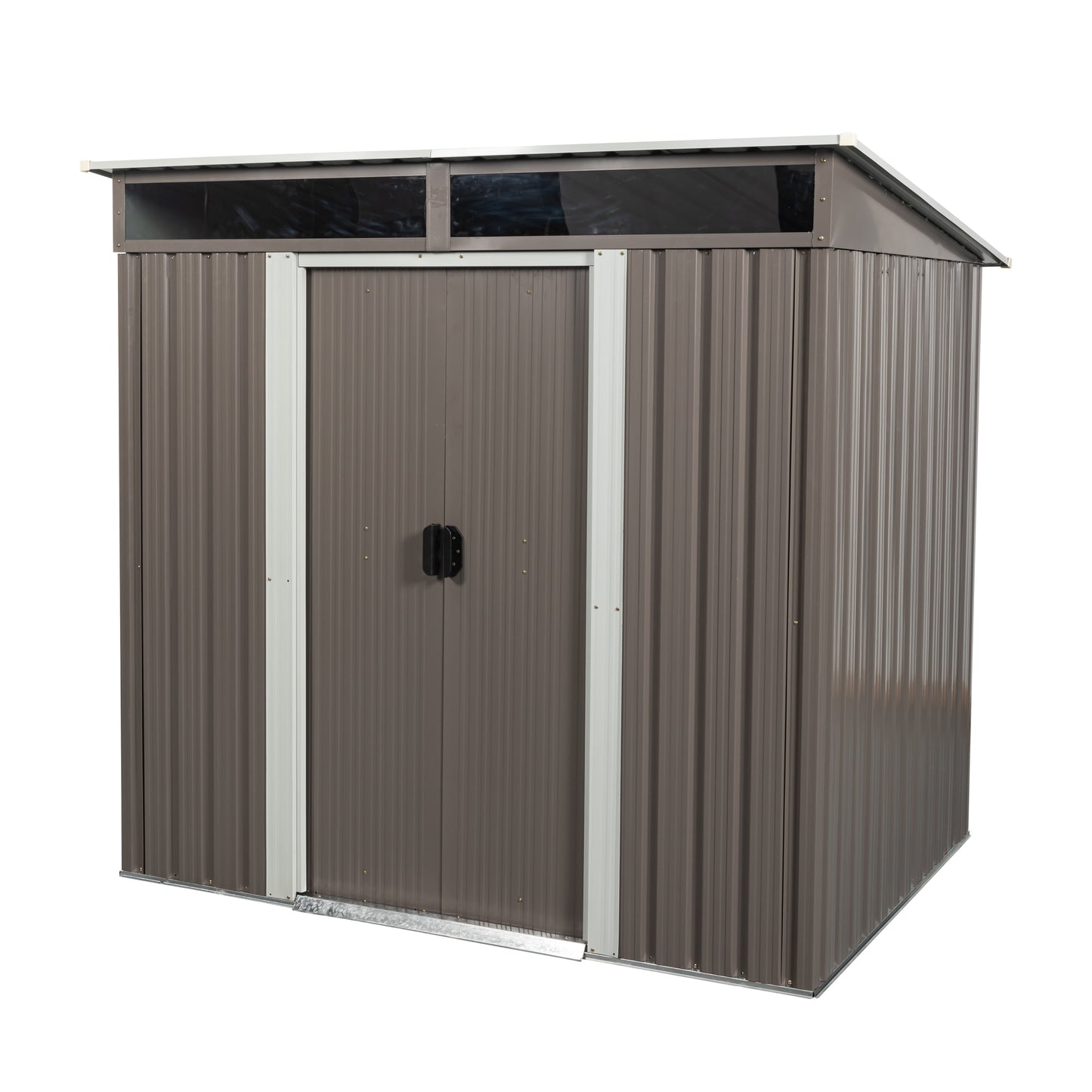 Brown metal storage shed with double doors and skylights for outdoor use