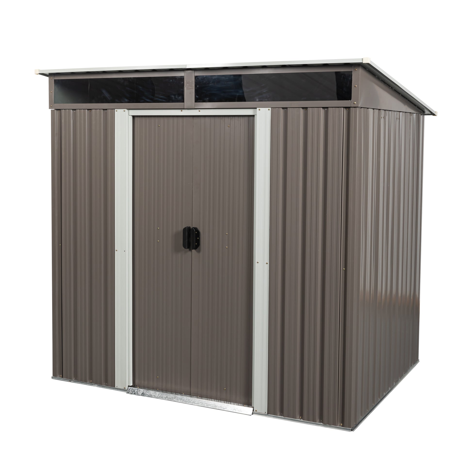 Brown metal storage shed with double doors and skylights for outdoor use