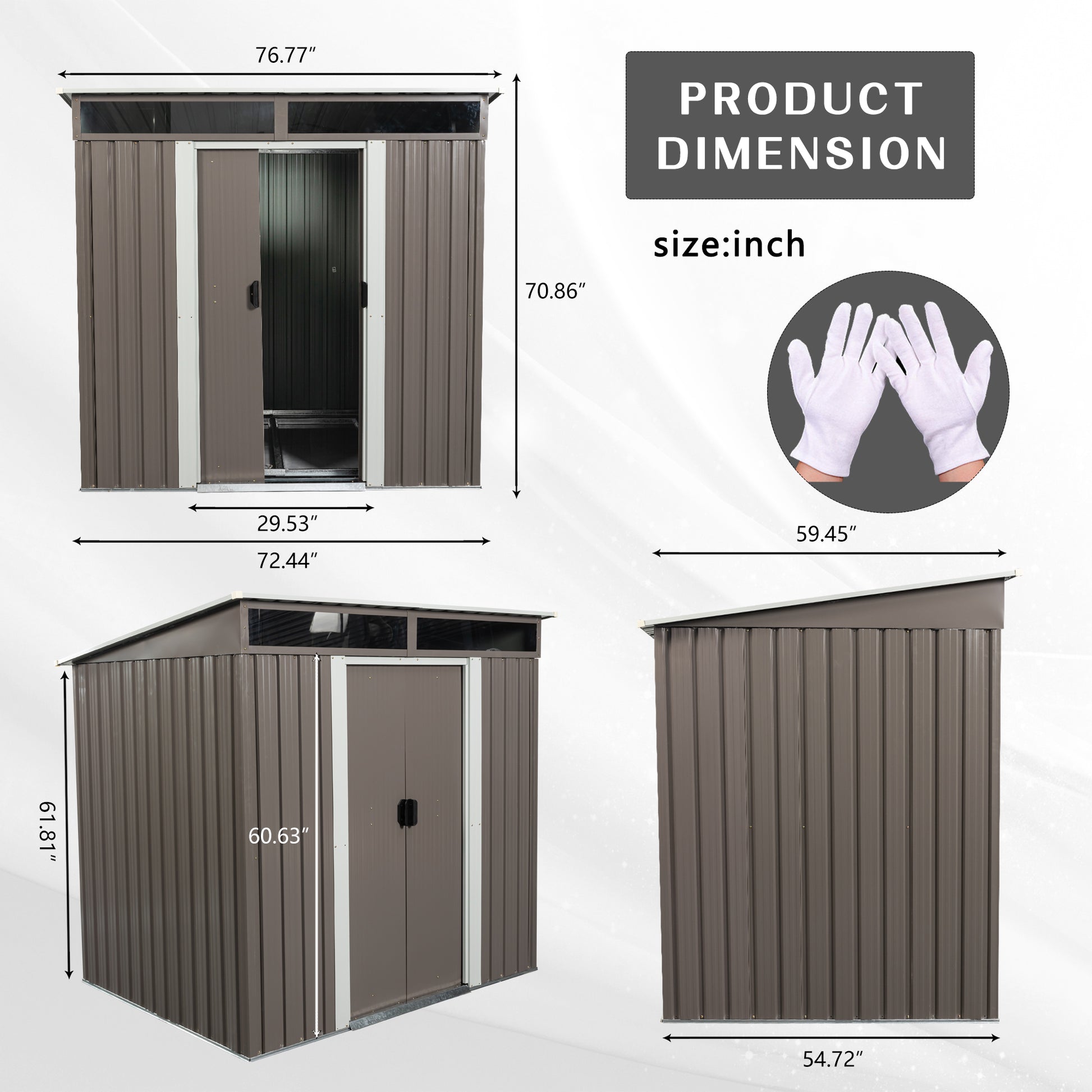Brown metal storage shed with double doors and sloping roof  inches wide