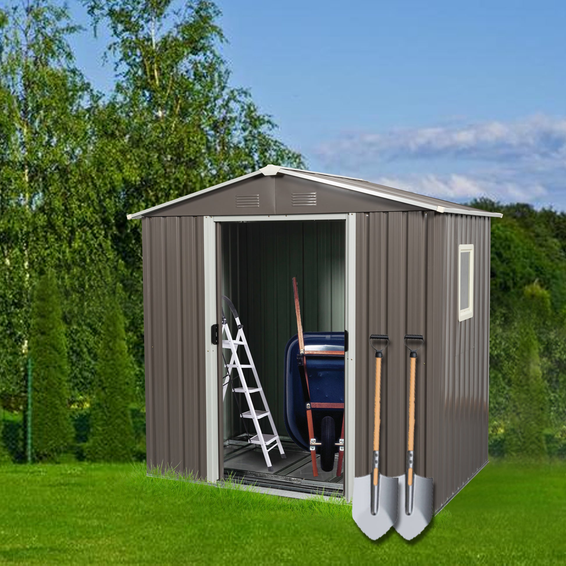 Grey metal garden shed with open door wheelbarrow and ladder inside