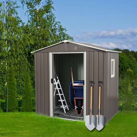 Grey metal garden shed with open door wheelbarrow and ladder inside