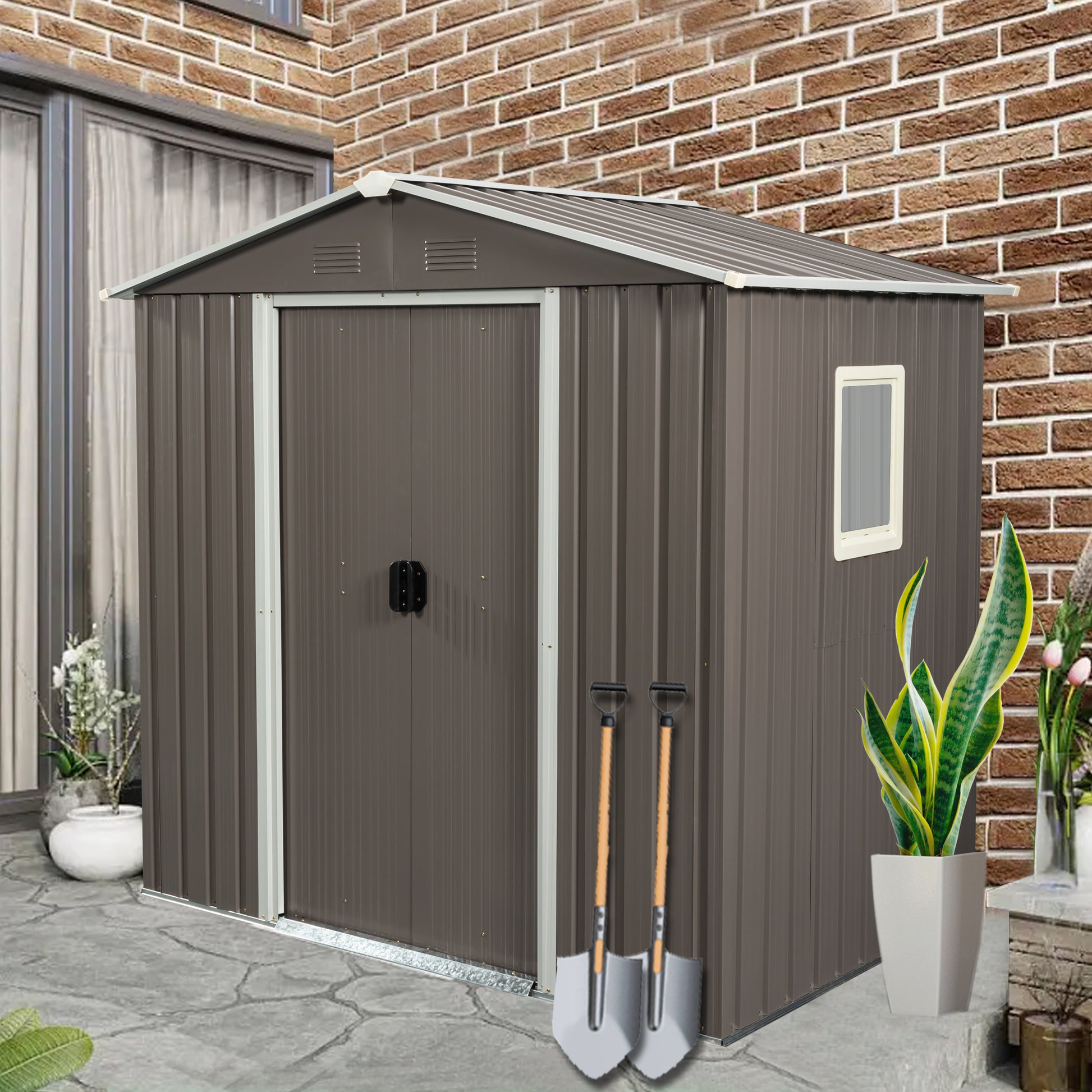 Brown metal garden shed with double doors and a small window for outdoor storage