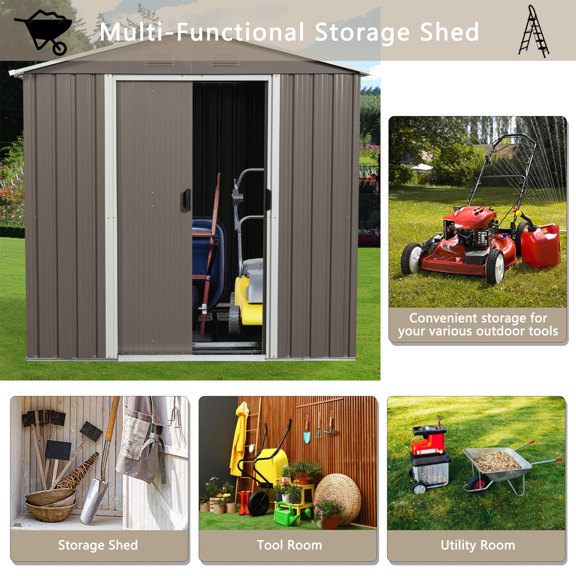 Brown metal multifunctional storage shed with open sliding doors revealing garden tools