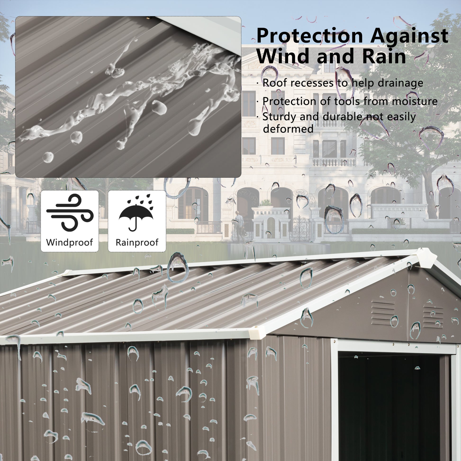 Gray metal garden shed roof with water droplets highlighting rainproof design