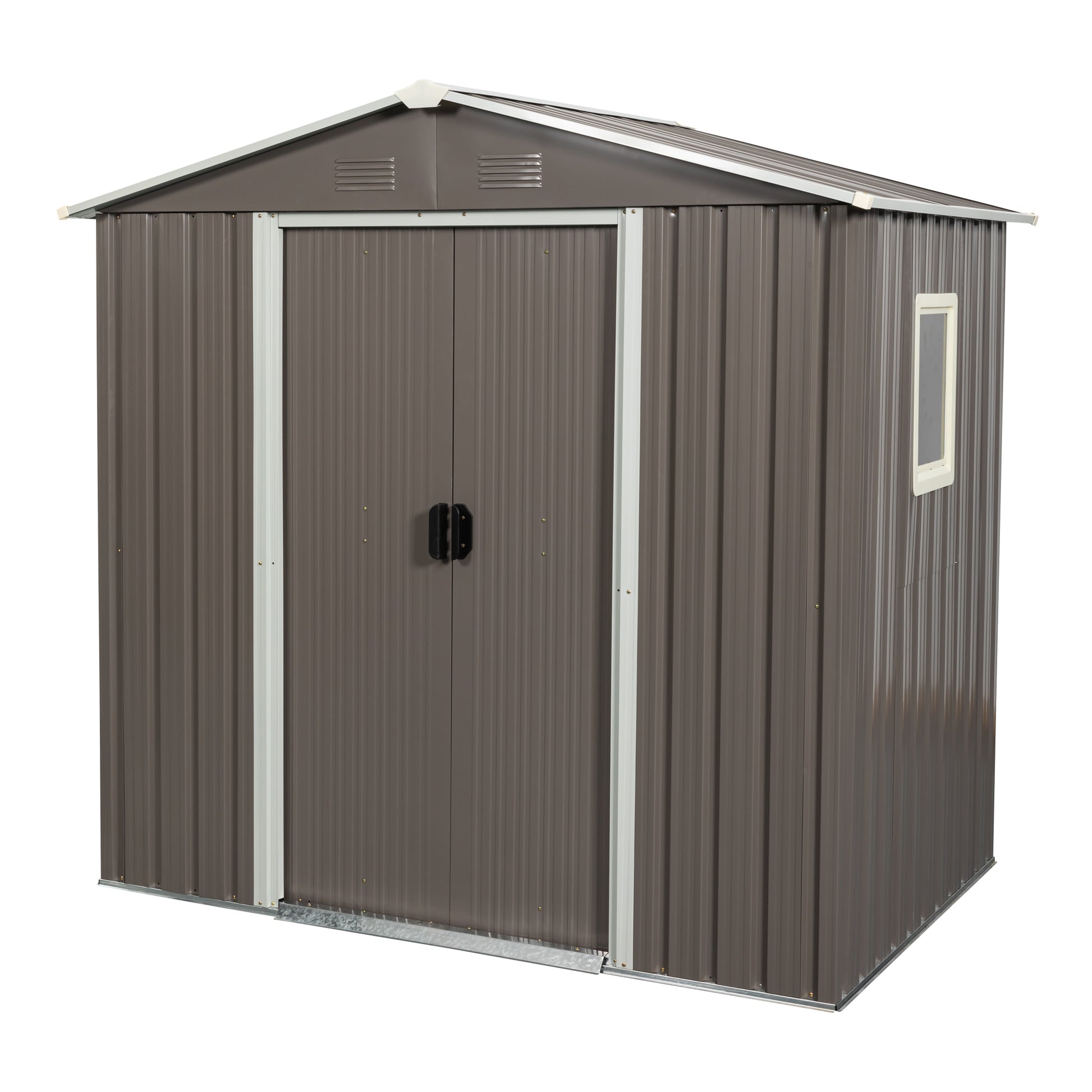 Brown metal garden shed with double doors and a small window