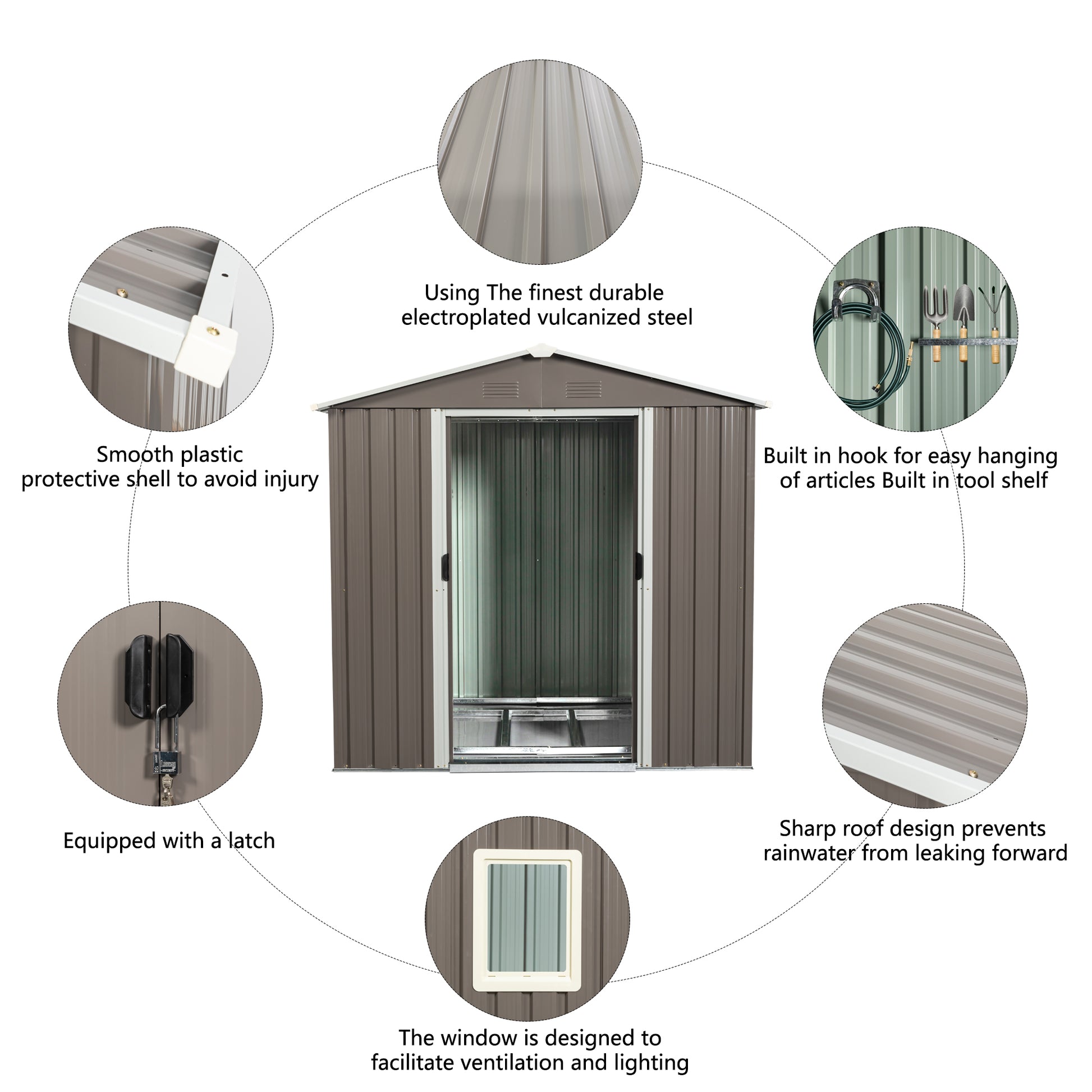Brown metal garden shed with double doors and ventilation window
