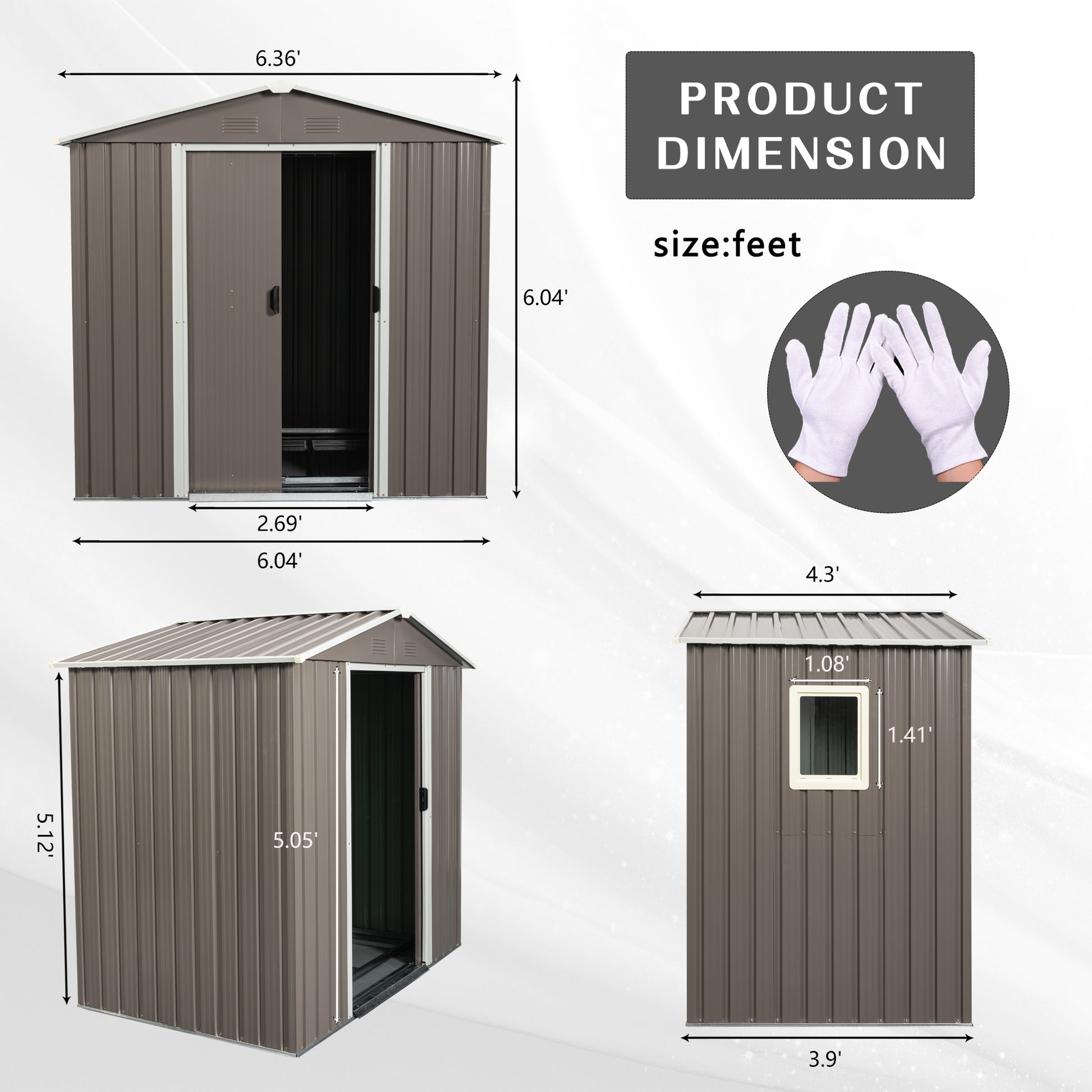 Brown metal storage shed with double doors and ventilation details