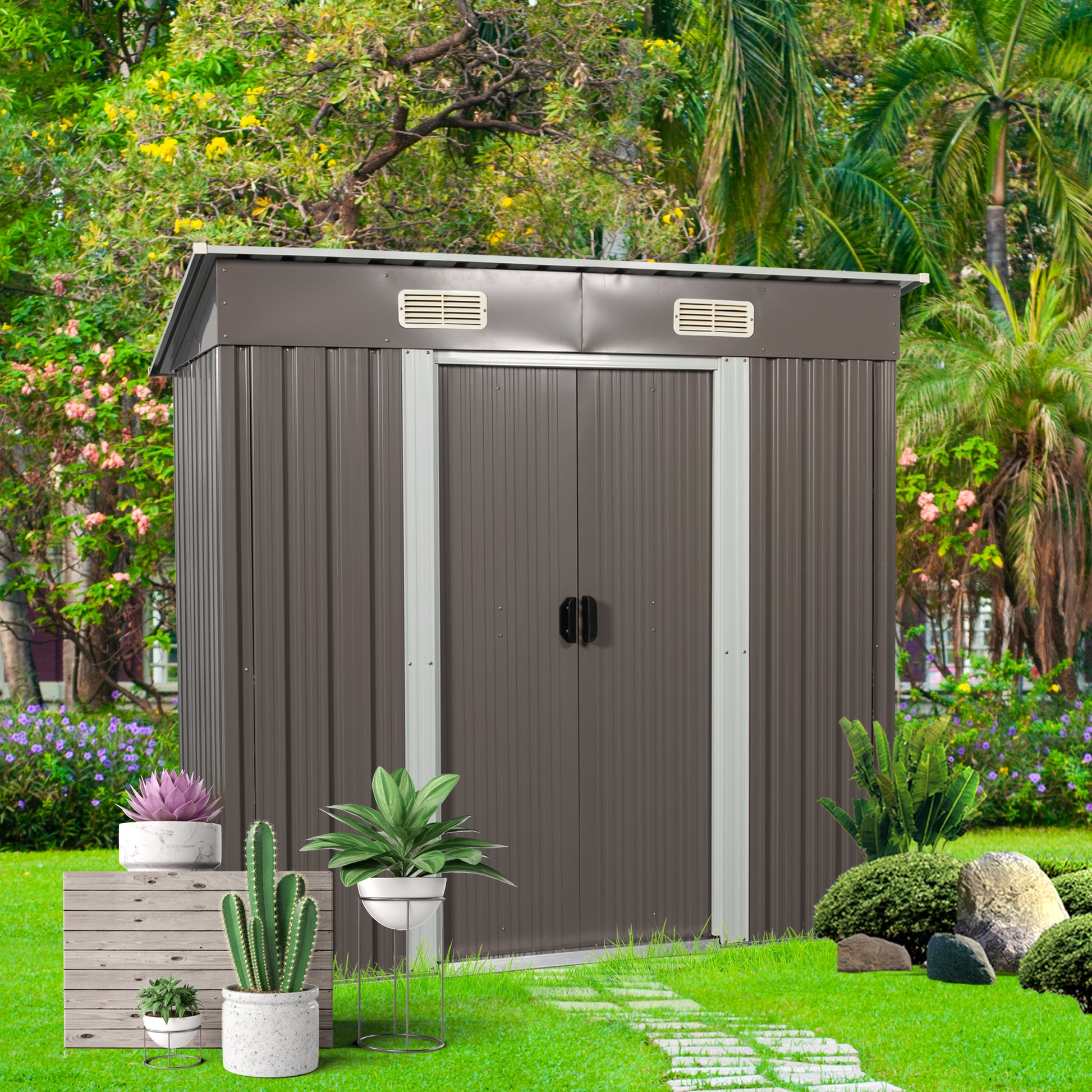 Compact dark grey metal garden shed with double doors for outdoor storage