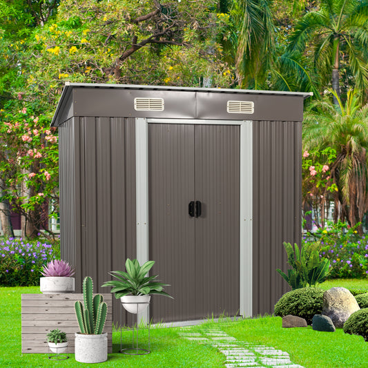 Compact dark grey metal garden shed with double doors for outdoor storage