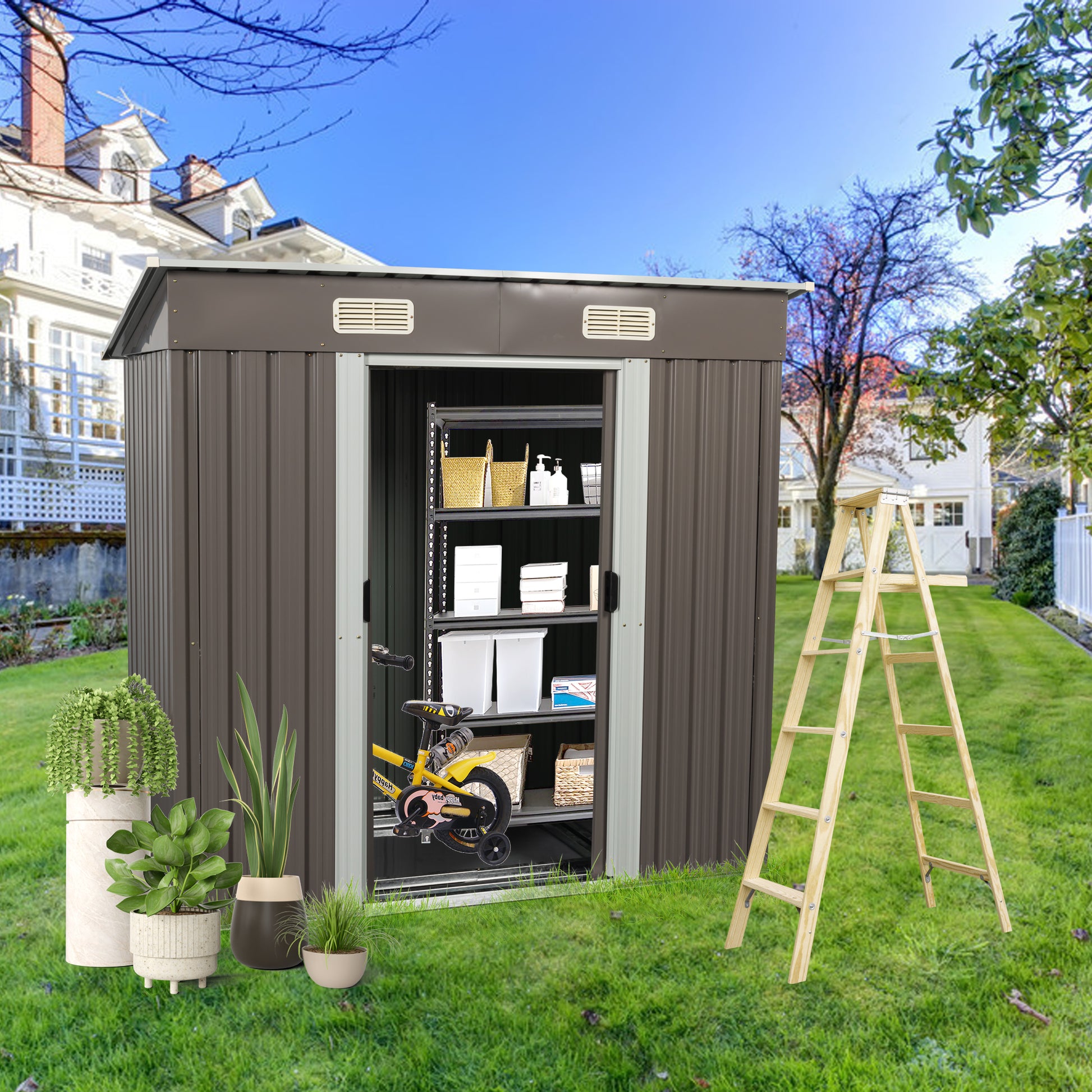 Metal garden shed with double doors ideal for outdoor storage solutions