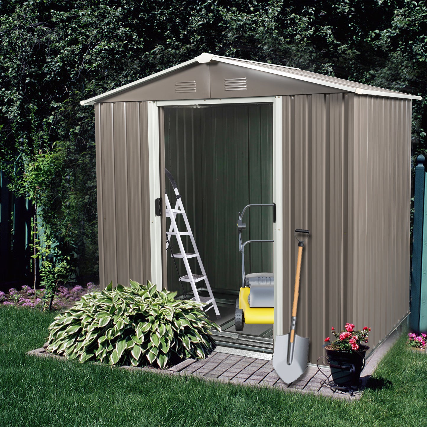 Taupe metal garden shed with open doors housing a lawnmower and ladder
