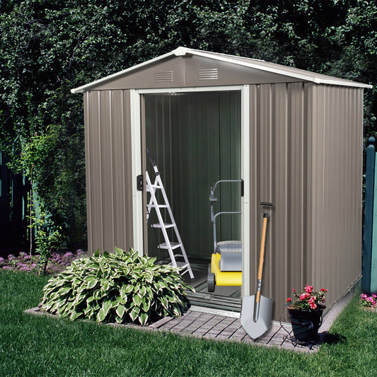 Taupe metal garden shed with open doors housing a lawnmower and ladder