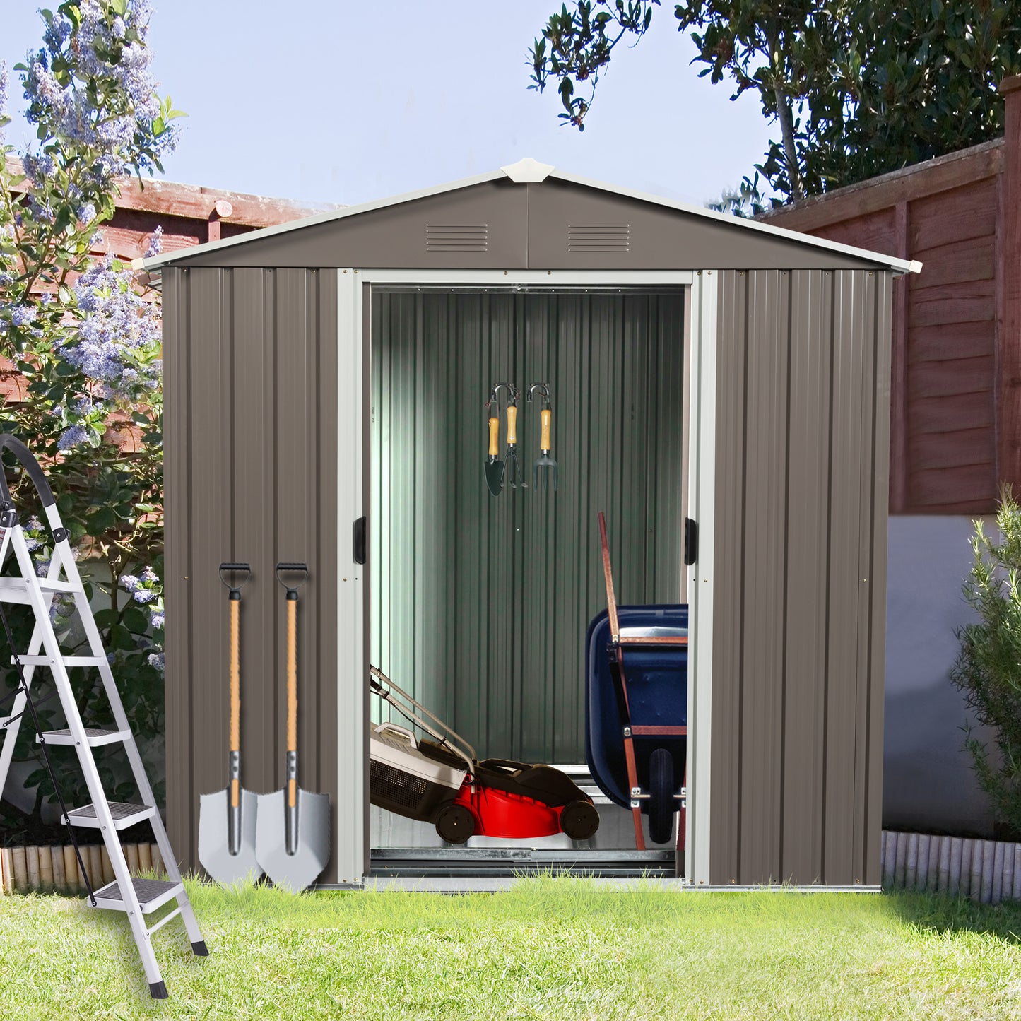 Brown metal garden shed storing gardening tools like shovels and a mower