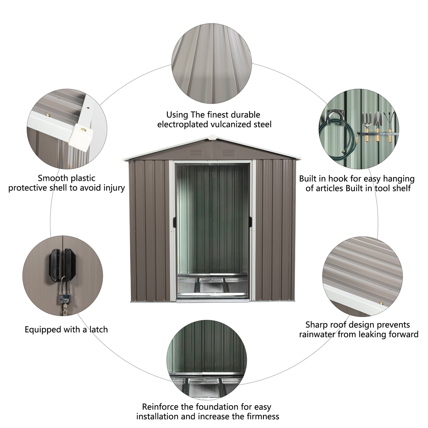 Durable metal storage shed with integrated tool shelf and hose hook