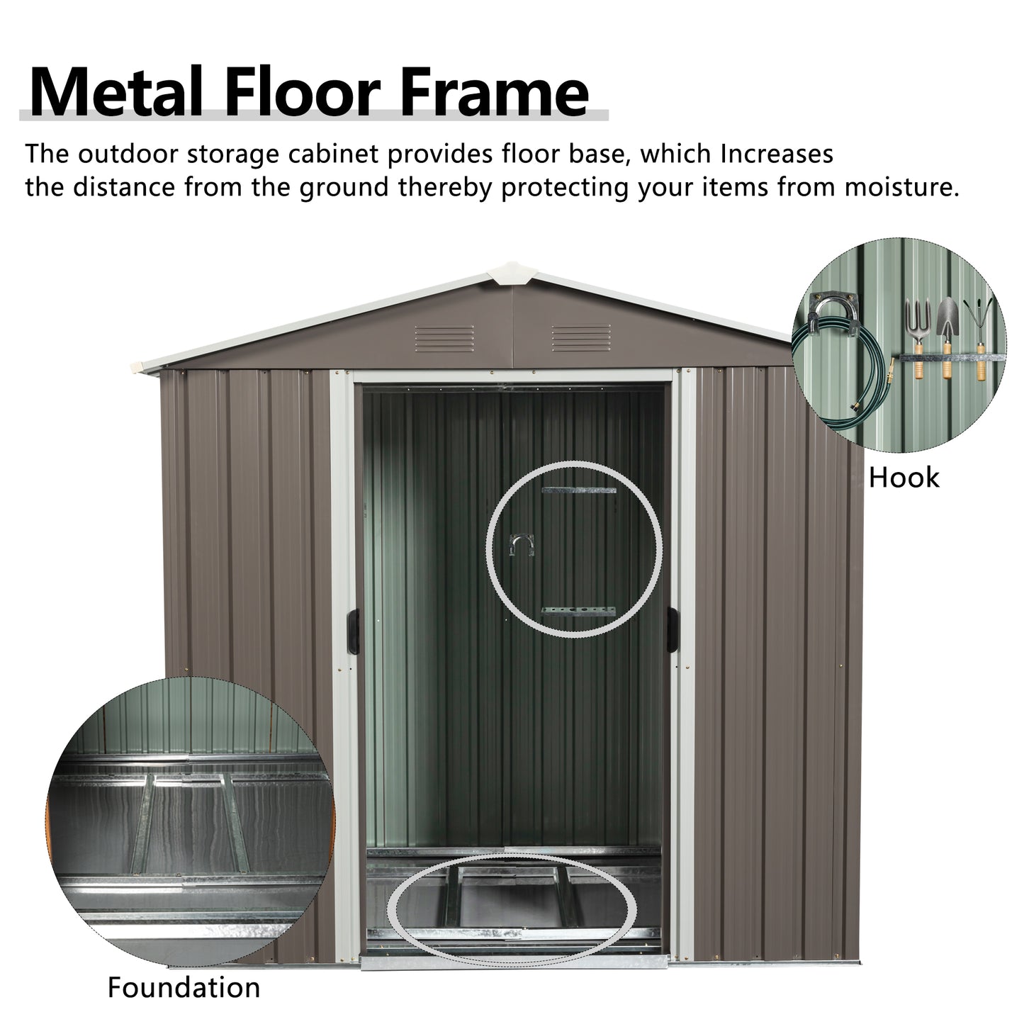 Brown metal storage shed with a reinforced floor frame for enhanced durability