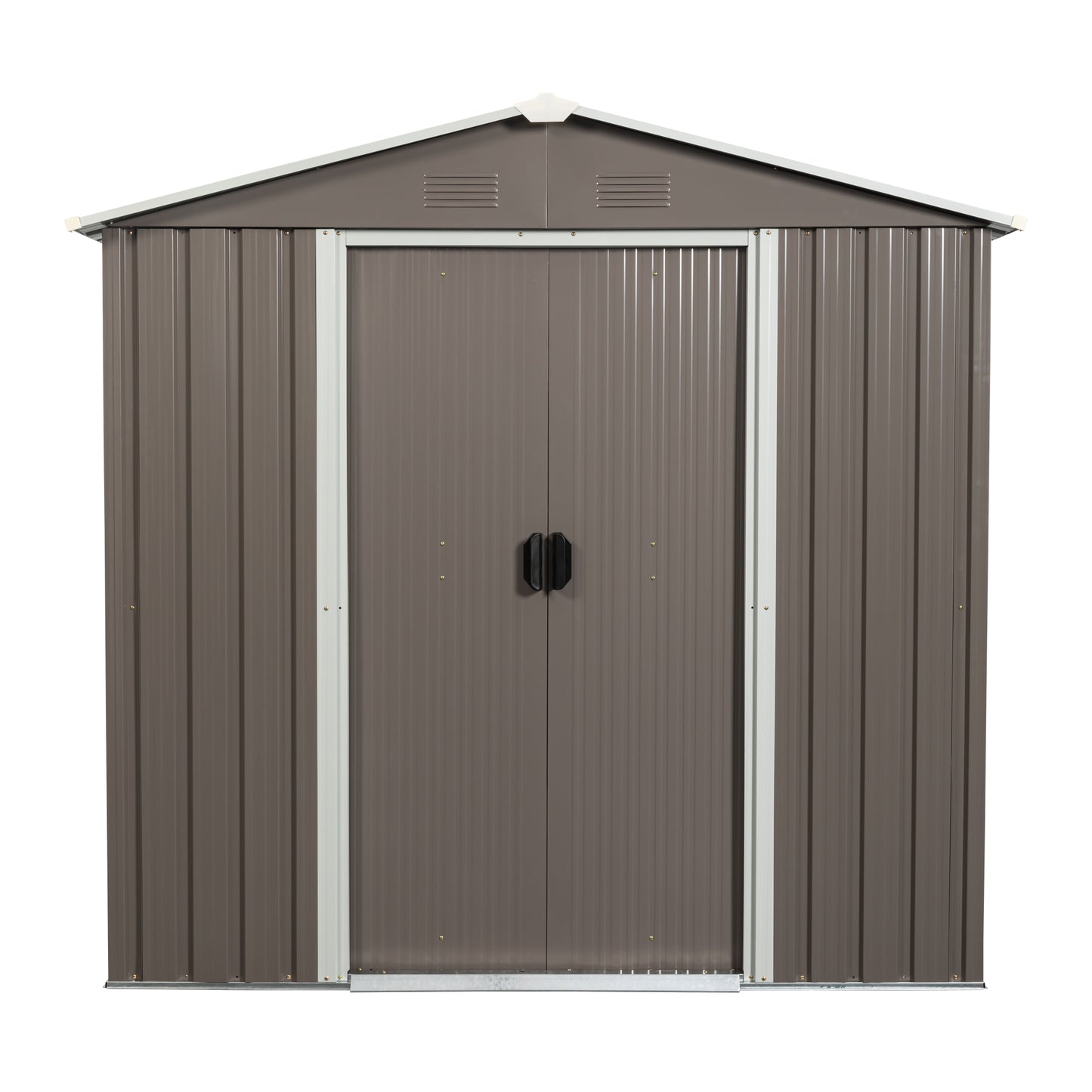 Brown metal garden shed with double doors and vents on roof apex