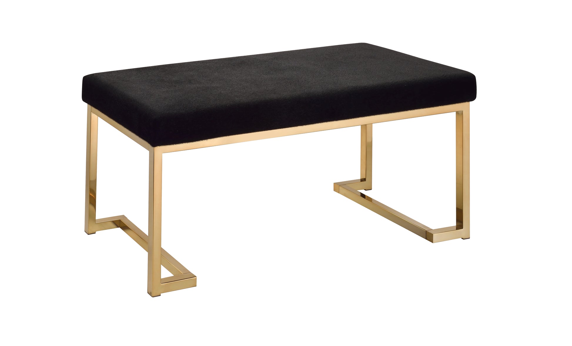 Black velvet upholstered ottoman with a modern gold metal frame