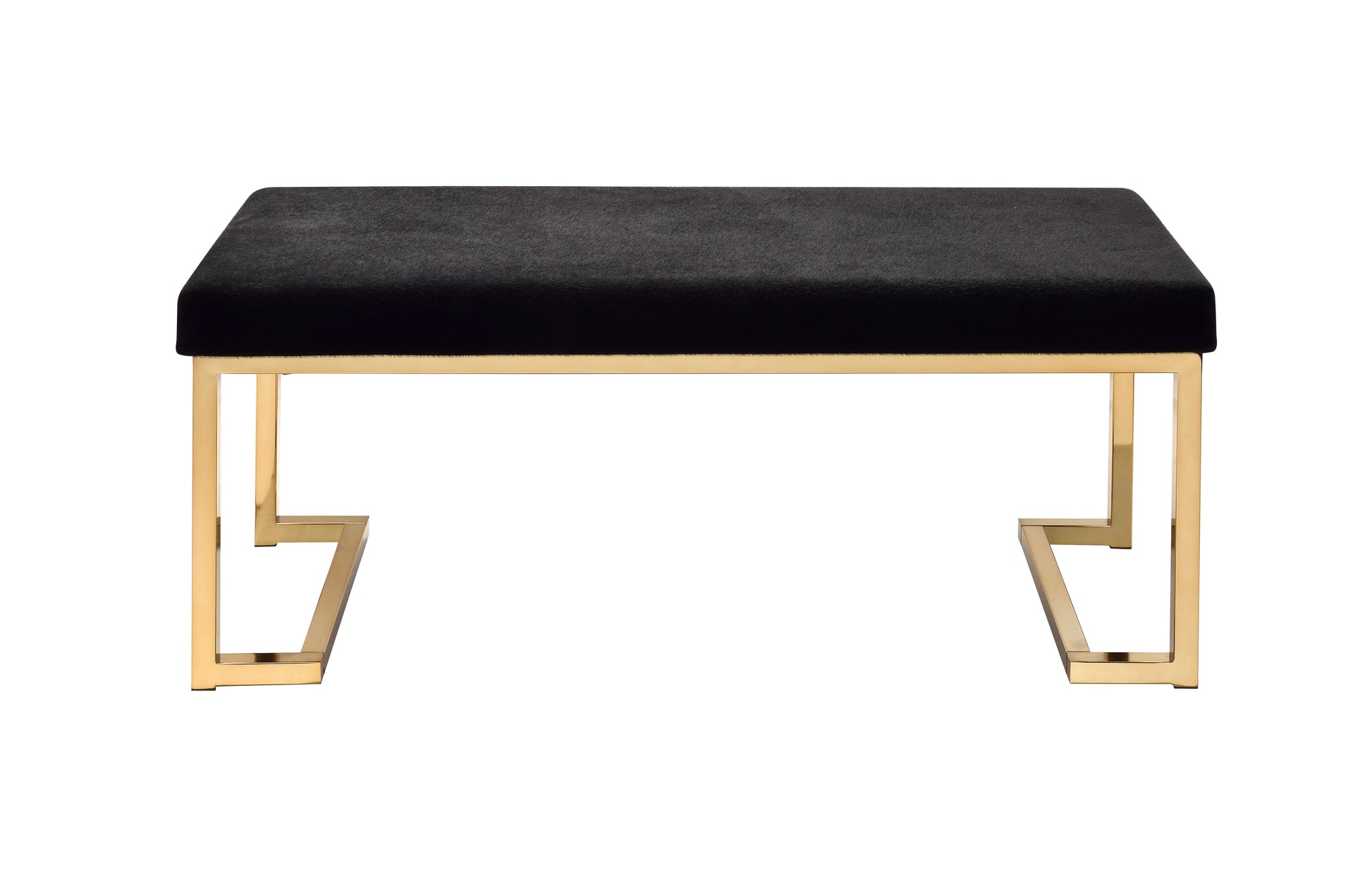 Black velvet ottoman with gold geometric base