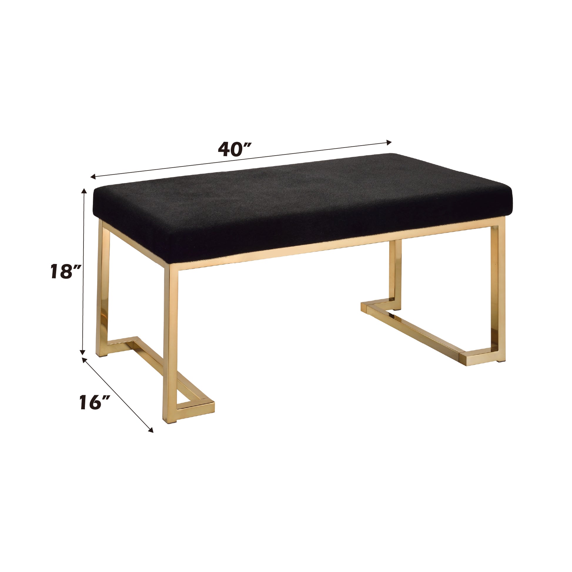 Black velvet bench with gold metal frame legs