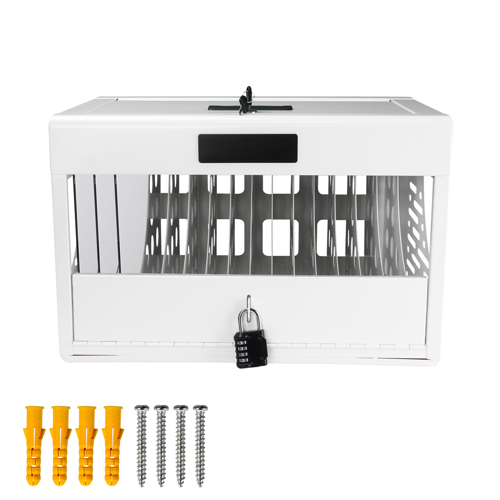 White metal charging station with lock and cable management slots