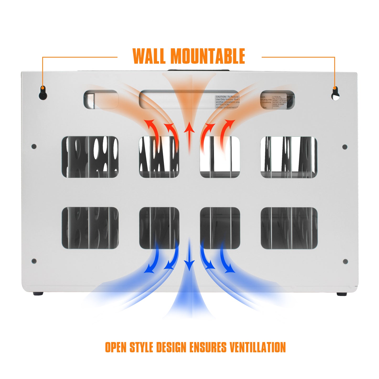 White wall mountable heater with airflow arrows indicating ventilation