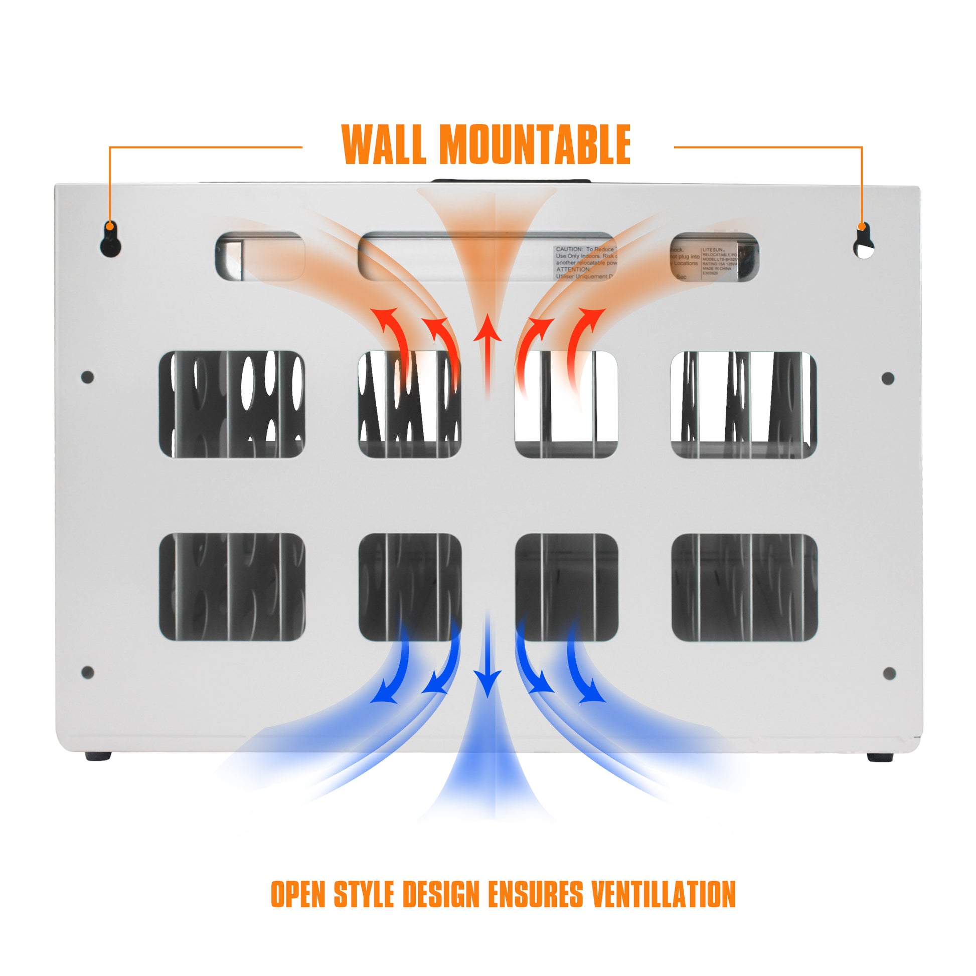 White wall mountable heater with airflow arrows indicating ventilation