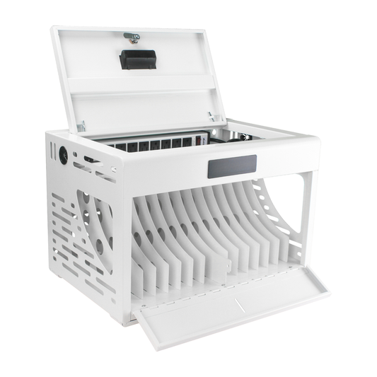 White slot charging cart for tablets and laptops with power strip