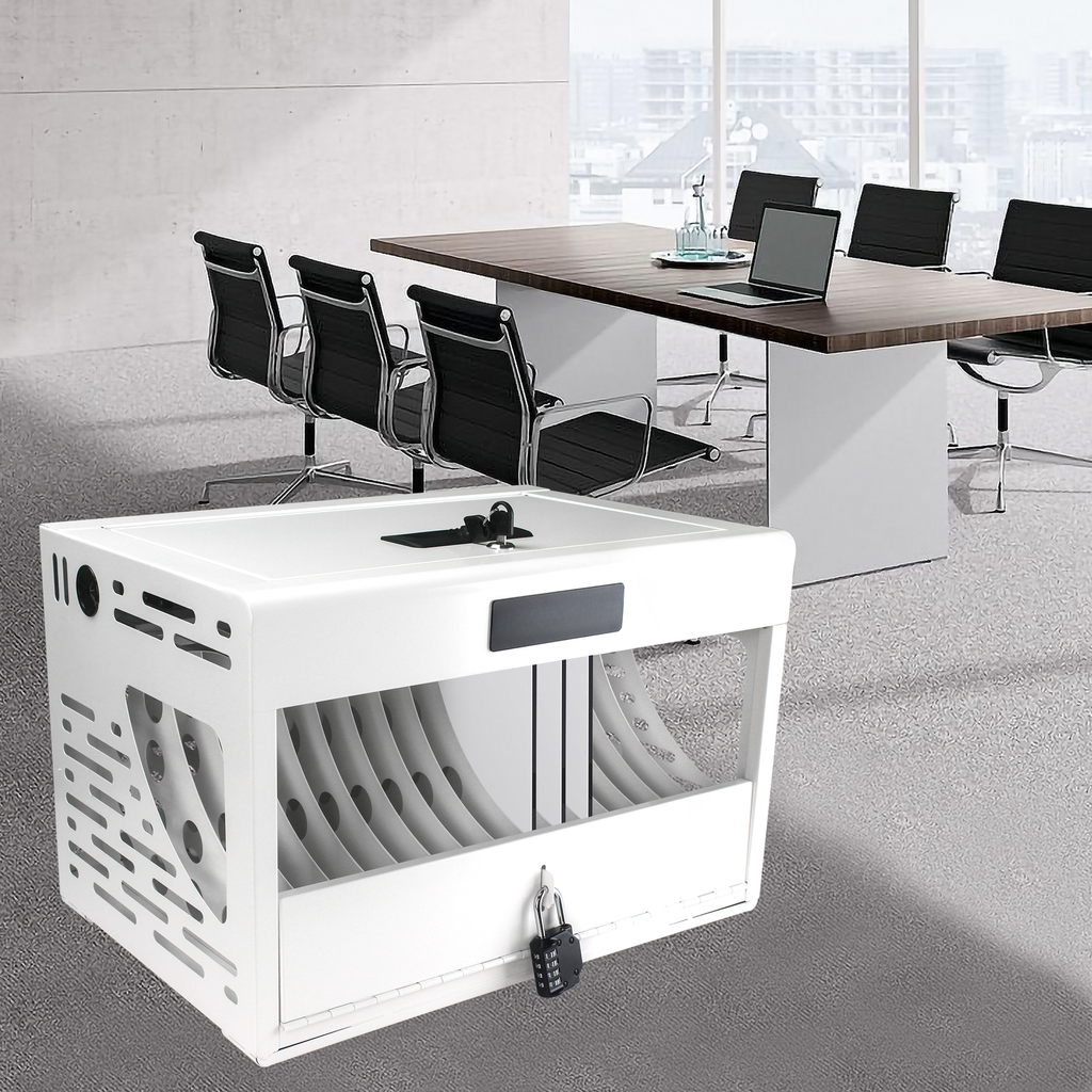 White metal charging station with  slots and lock for tablets