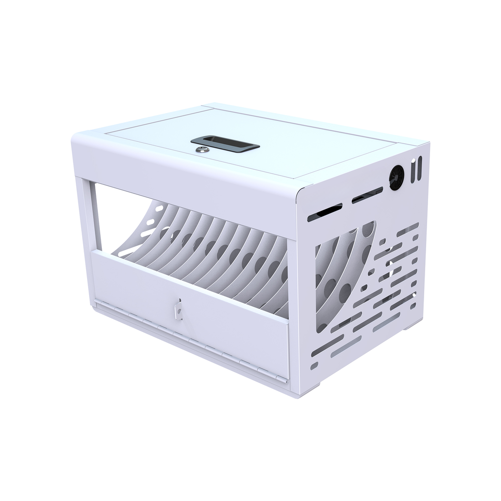 White metal charging station with  slots for devices and lockable lid