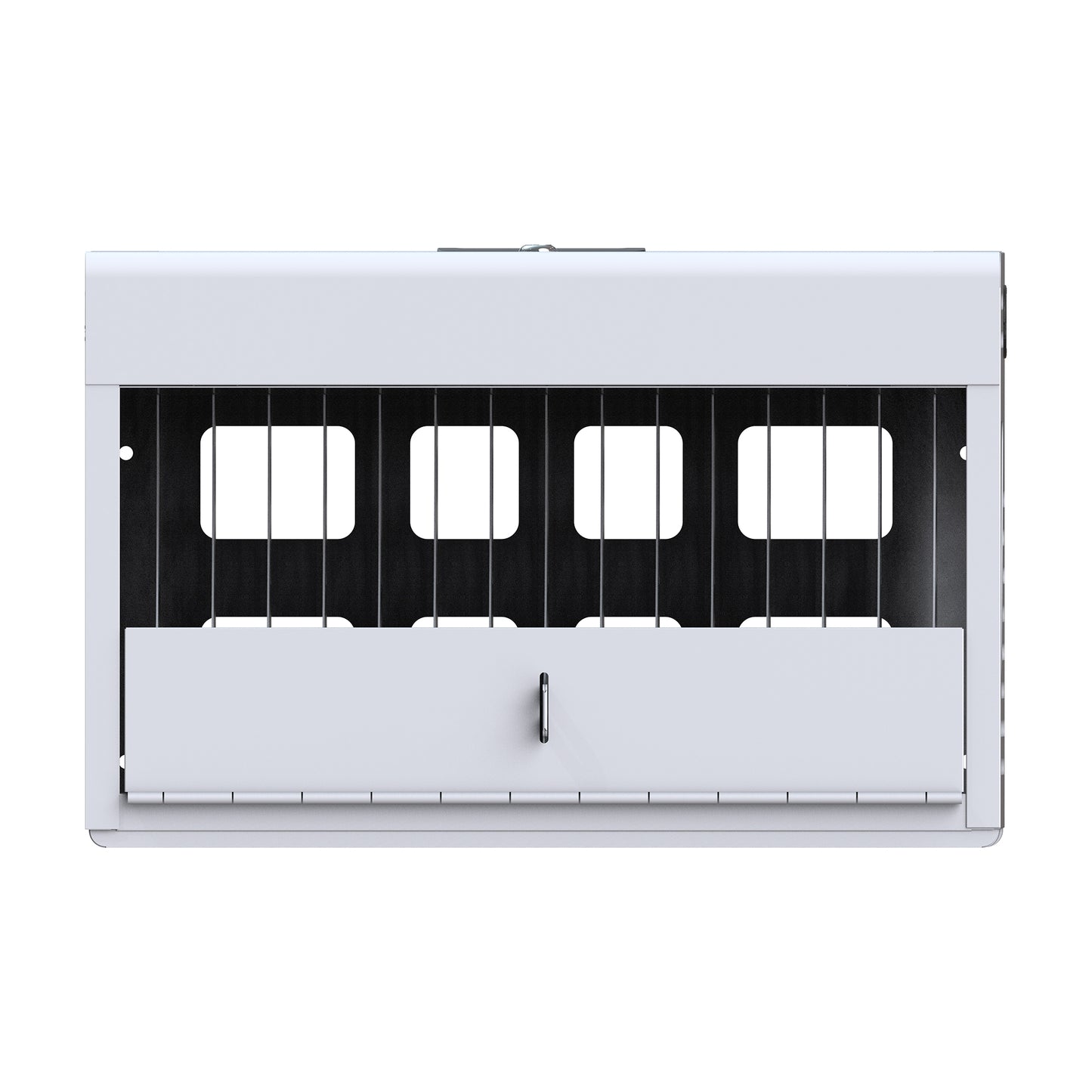 White metal dog crate with black wire accents and four large viewing windows