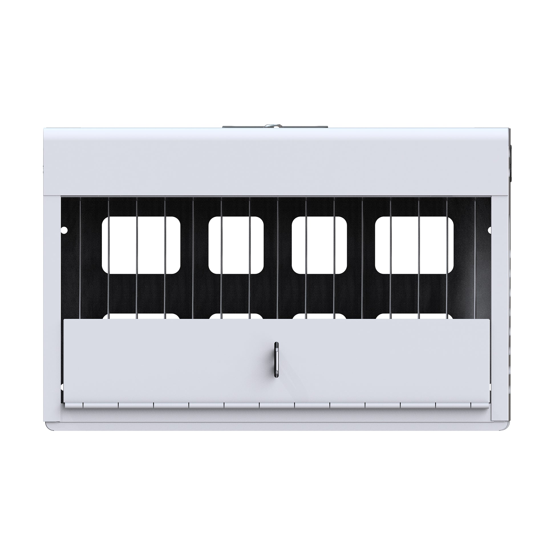 White metal dog crate with black wire accents and four large viewing windows