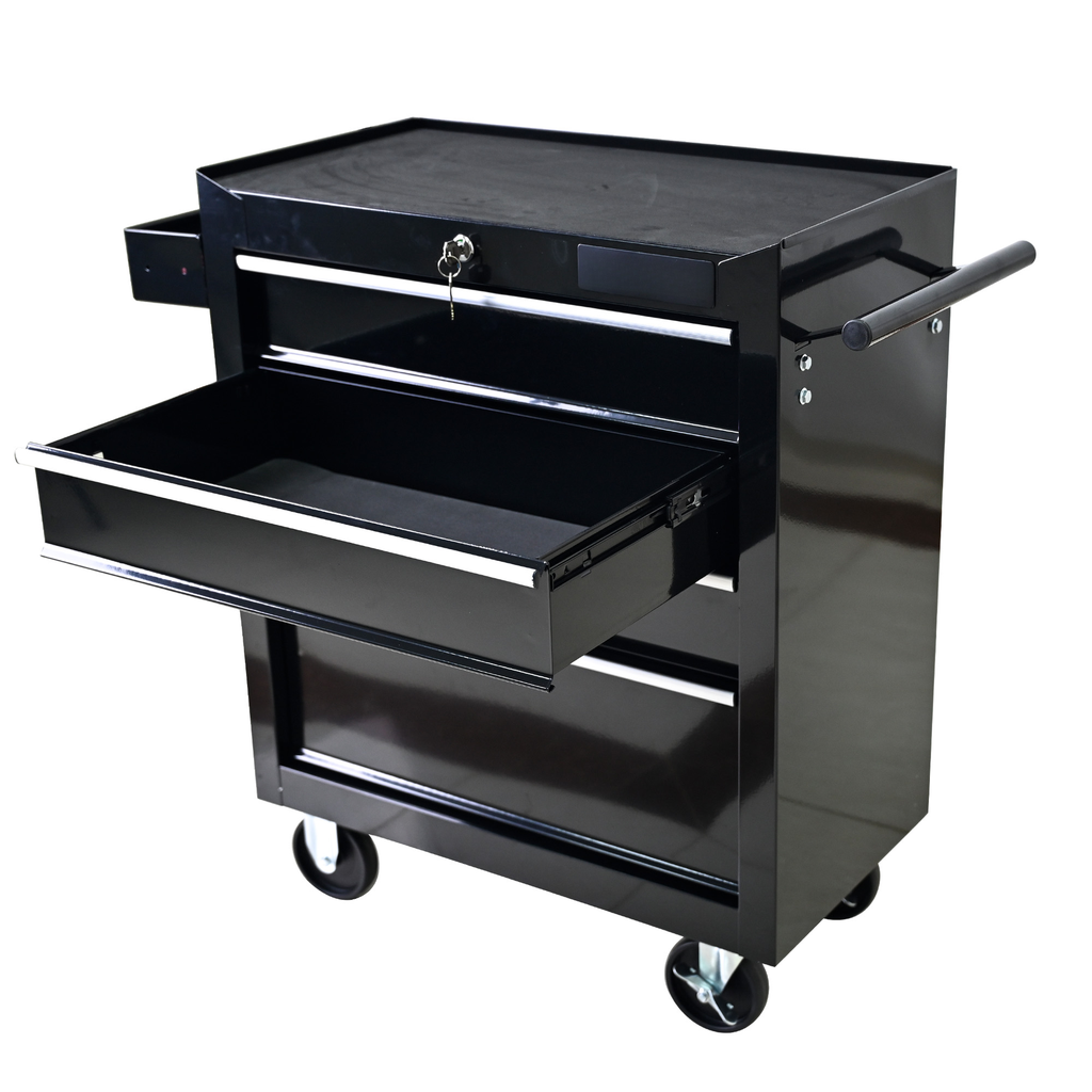 Black metal tool chest with one drawer extended featuring a keyed lock