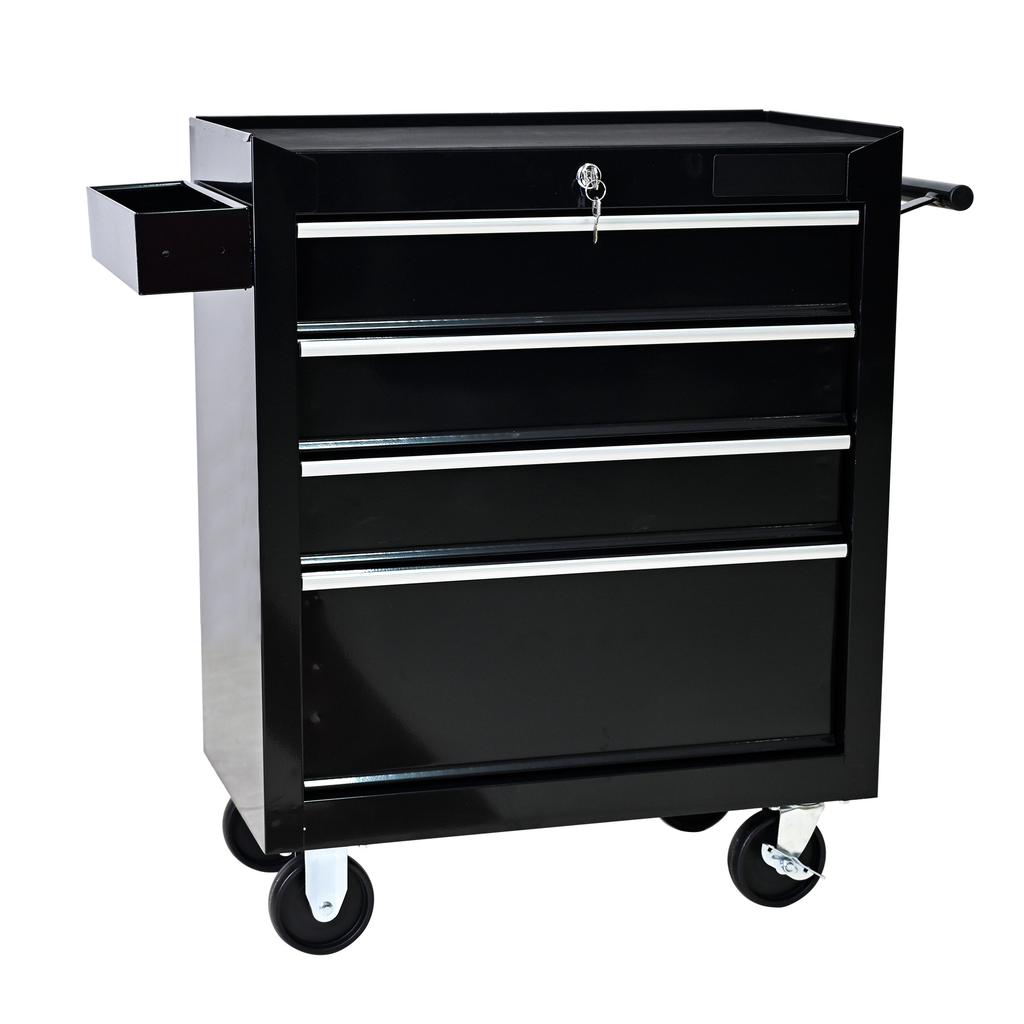 Black rolling tool chest with five drawers and a side tray for mechanic storage