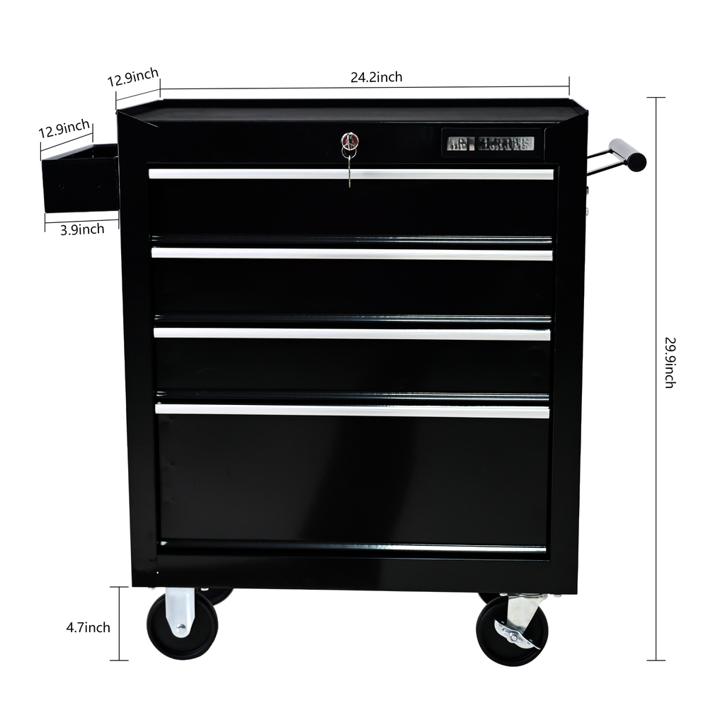Black drawer rolling tool chest with a key lock metal construction and side handle for garage organization