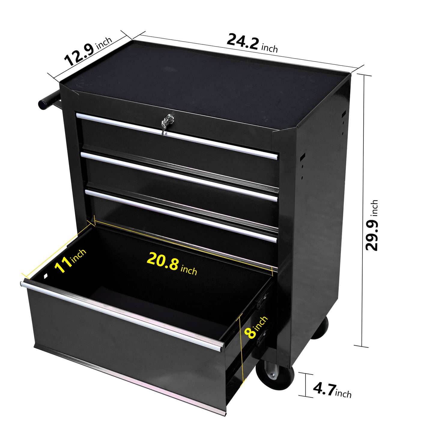 Black rolling tool chest with  drawers and side handle  W x  D x  H