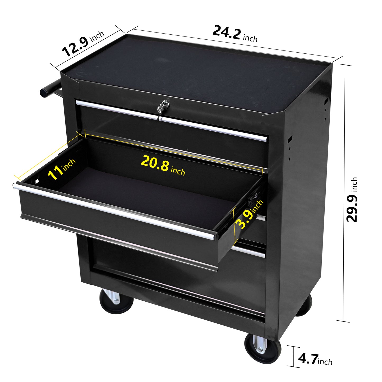 Black metal tool chest with three drawers and lockable top compartment