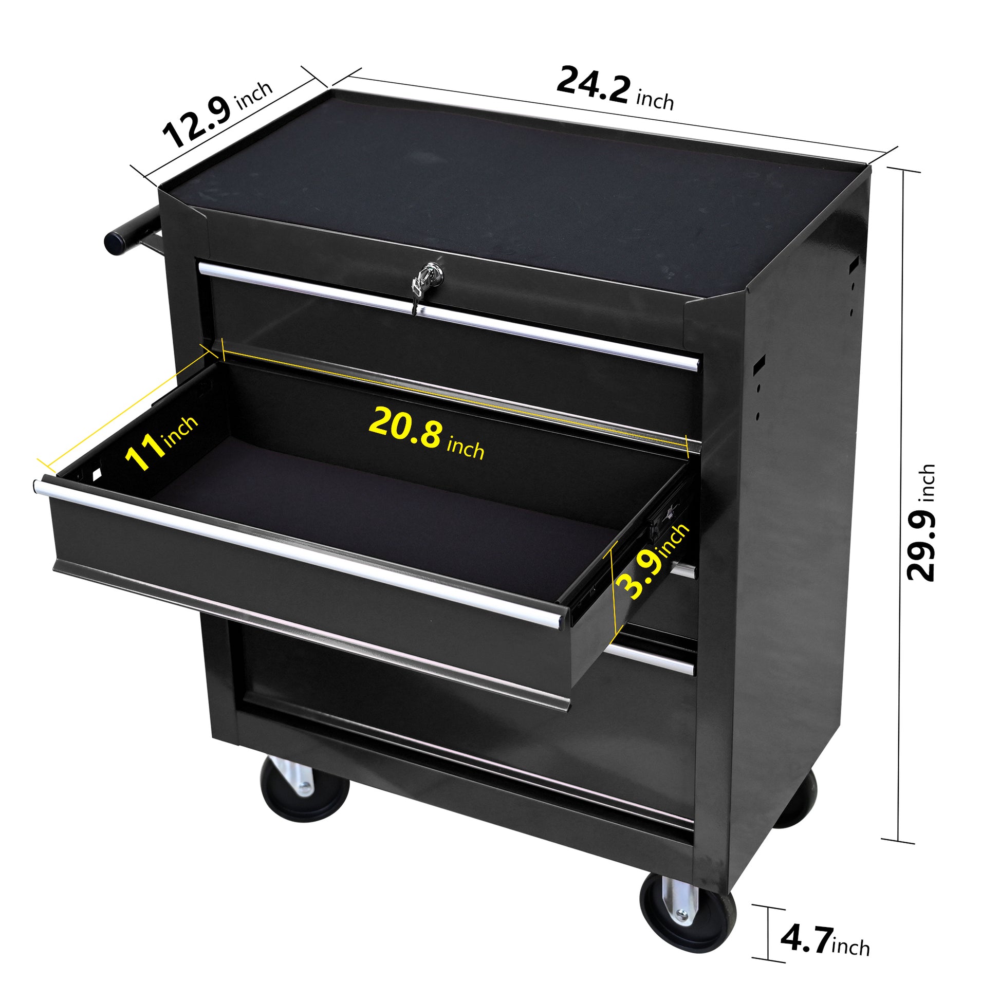 Black metal tool chest with three drawers and lockable top compartment
