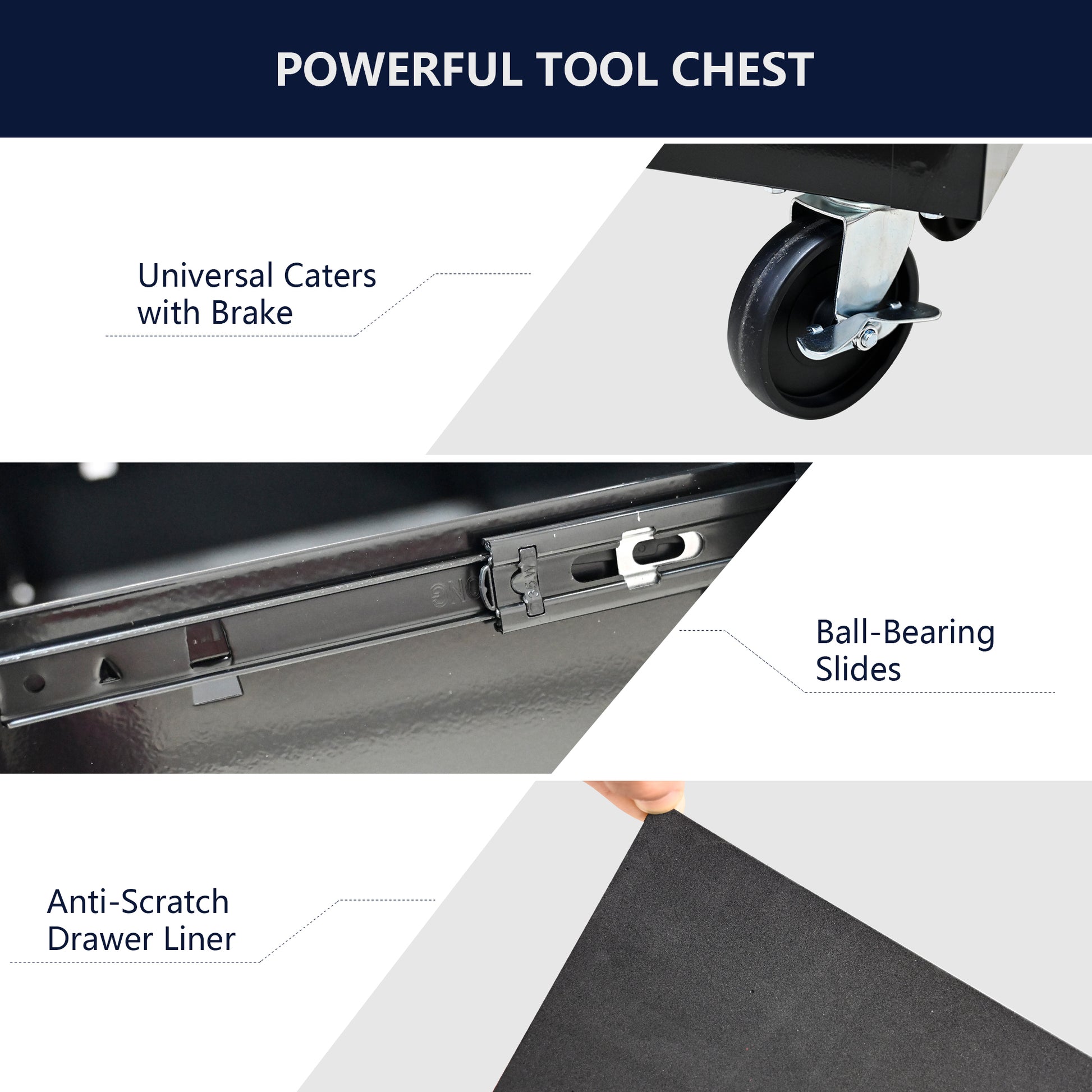 Black steel tool chest caster with brake for easy mobility and secure placement