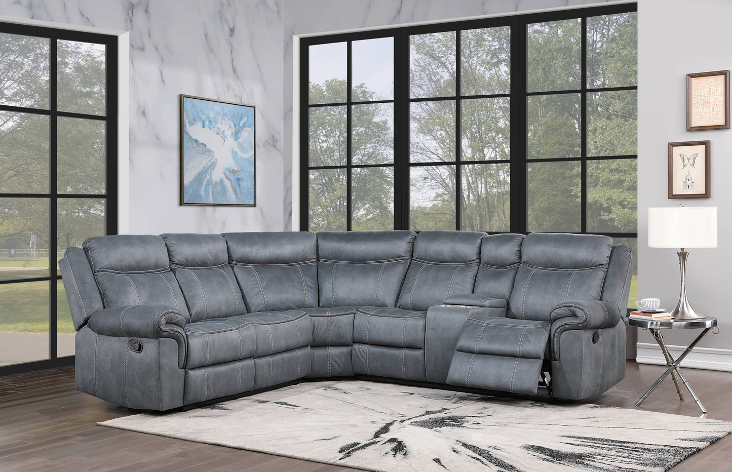 Gray reclining sectional sofa with white contrast stitching perfect for modern living rooms