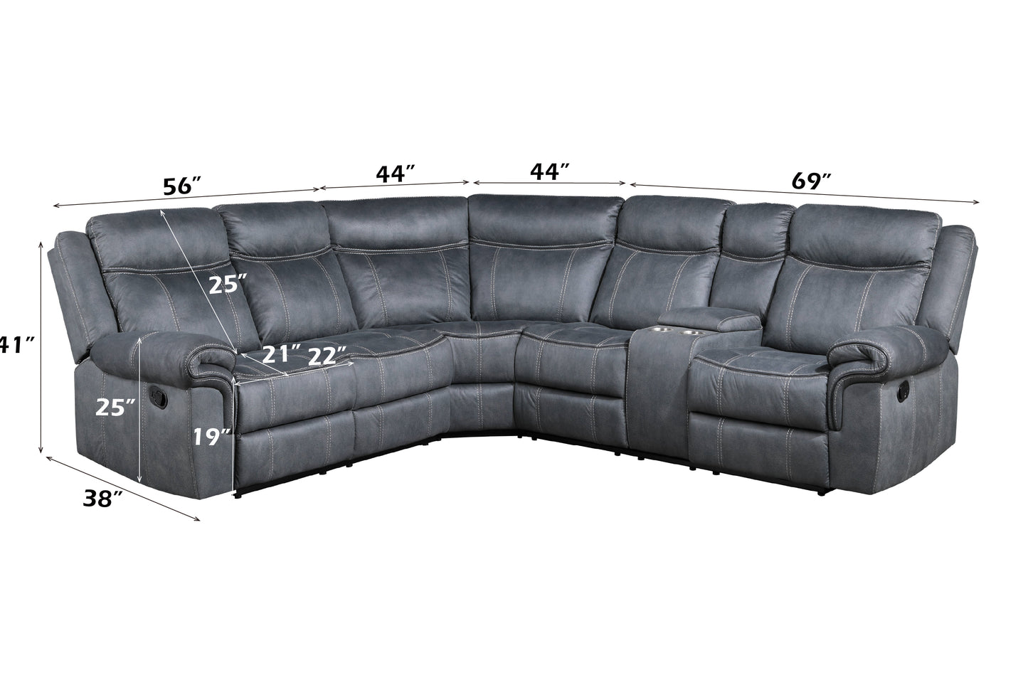 Gray reclining sectional sofa with white stitching and cup holders