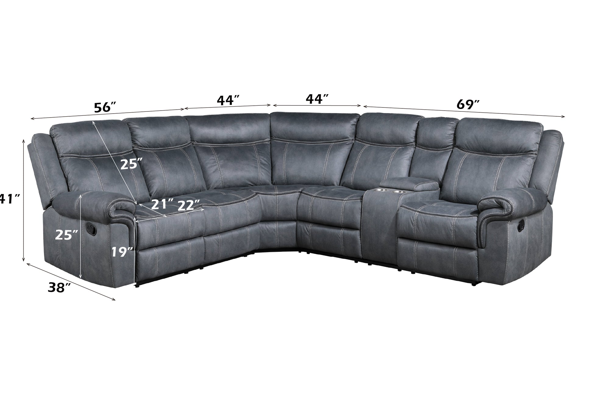 Gray reclining sectional sofa with white stitching and cup holders