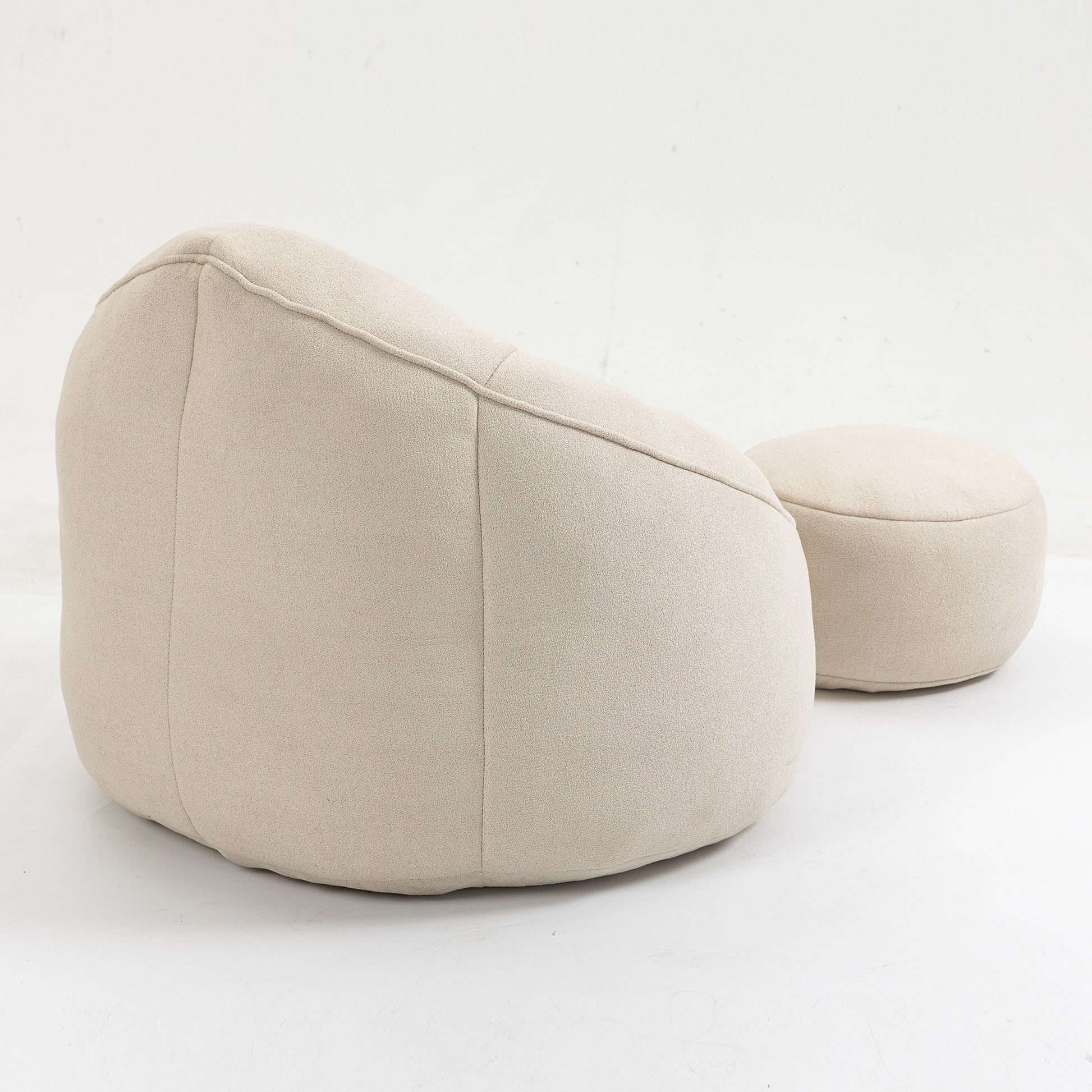 Cozy beige fabric bean bag chair and ottoman set for comfortable seating