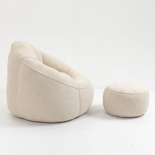 Light beige textured fabric bean bag chair and matching ottoman for cozy relaxation