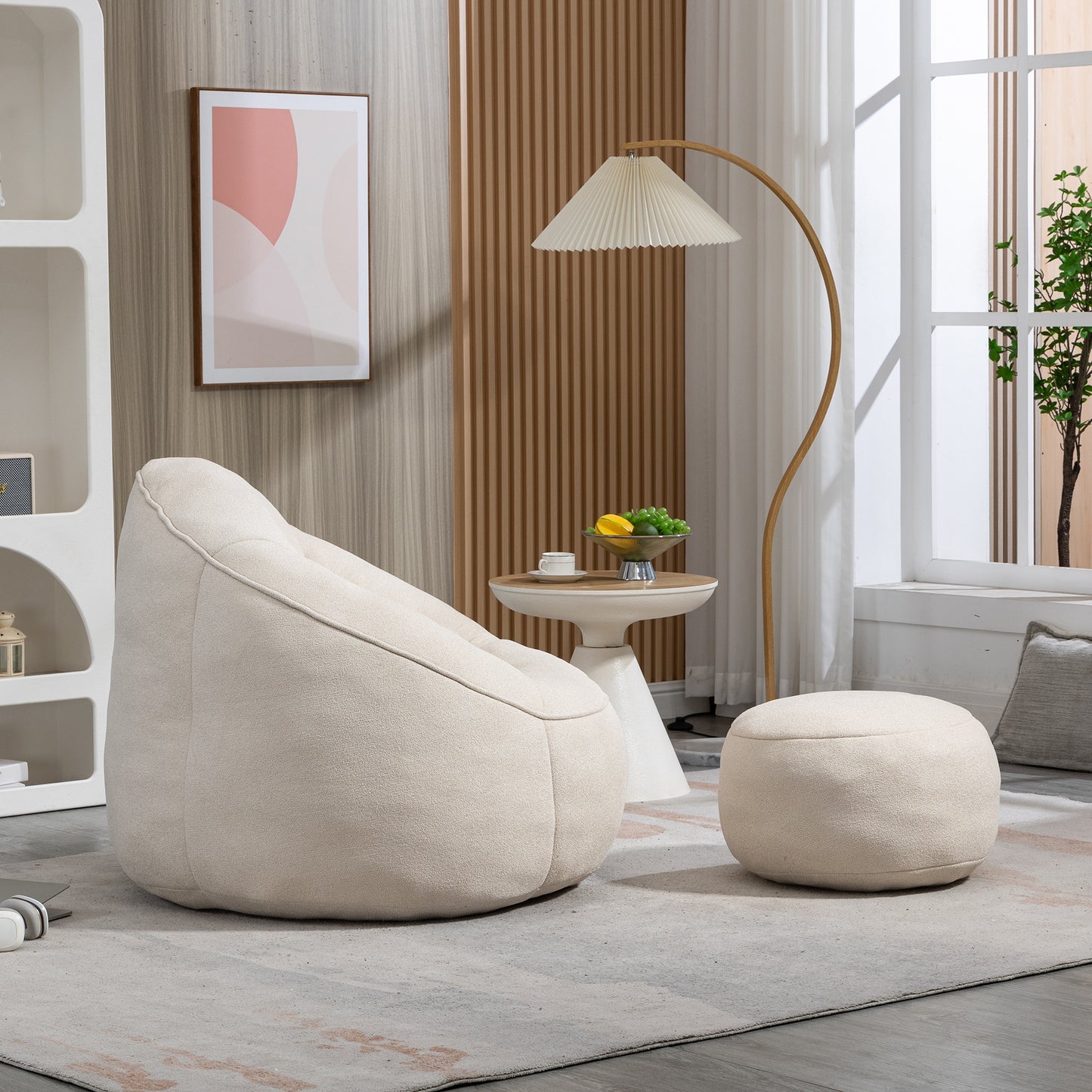 Plush cream bean bag chair with contrasting stitching perfect for lounging
