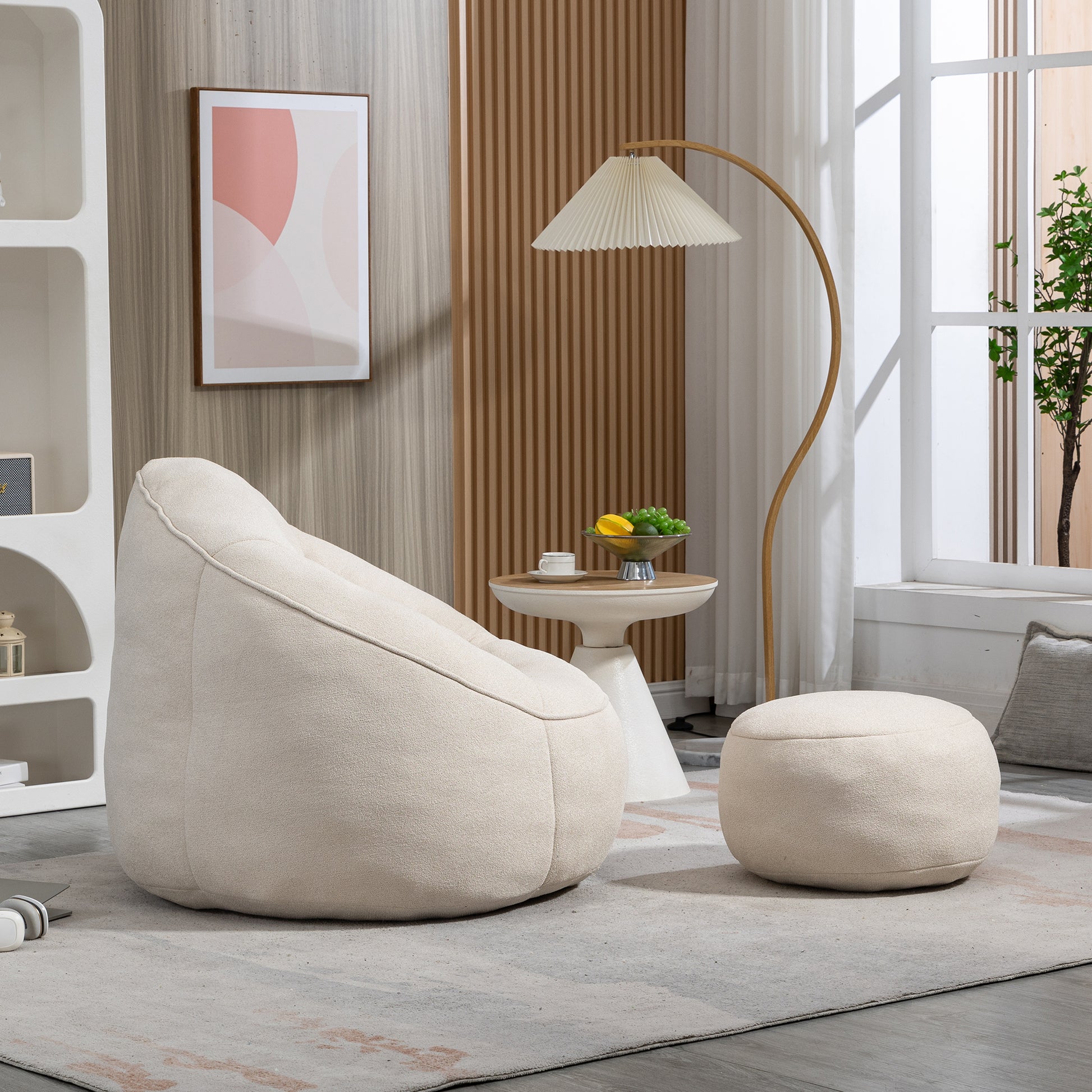Plush cream bean bag chair with contrasting stitching perfect for lounging